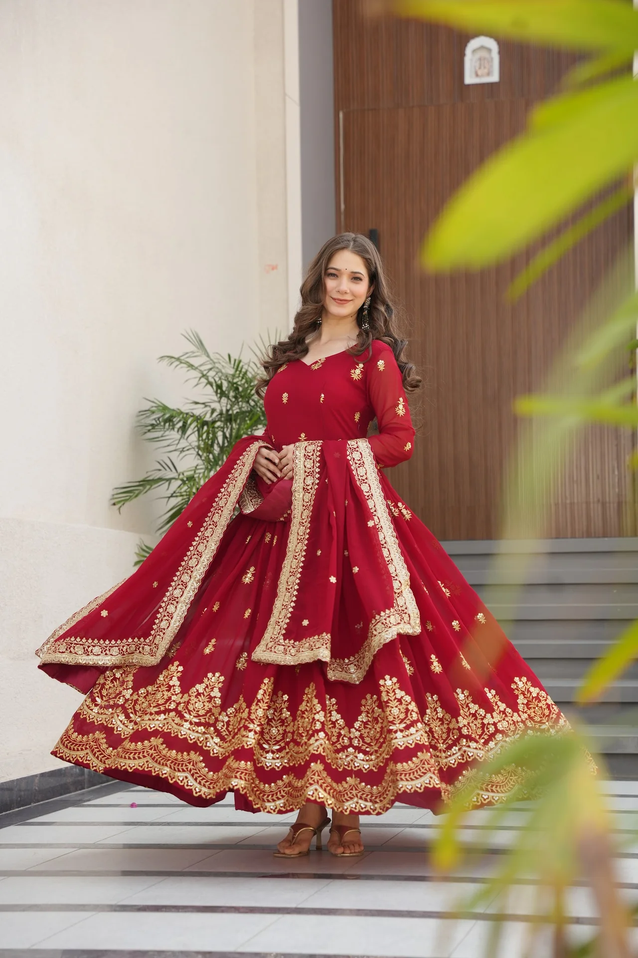 Women's Zari and Sequins Embroidered Faux Blooming Gown with Dupatta in Maroon — photo 8 of 9