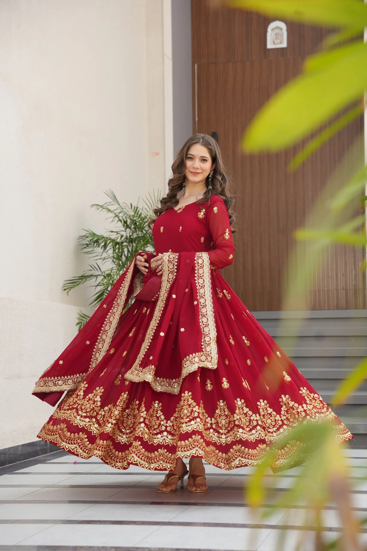 Women's Zari and Sequins Embroidered Faux Blooming Gown with Dupatta in Maroon — photo 9 of 9