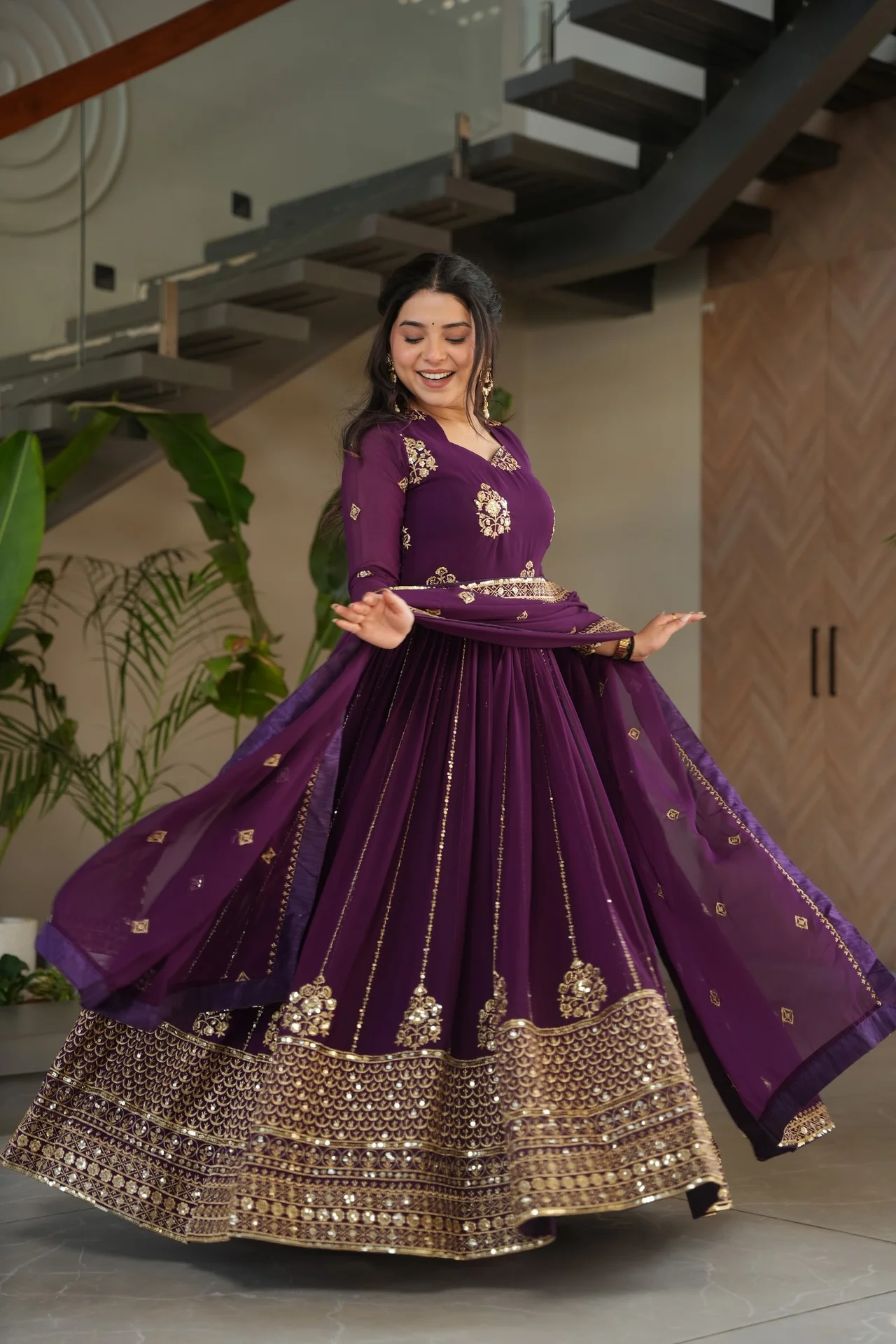 Women's Zari and Sequins Embroidered Faux Blooming Gown with Dupatta in Purple — photo 2 of 5