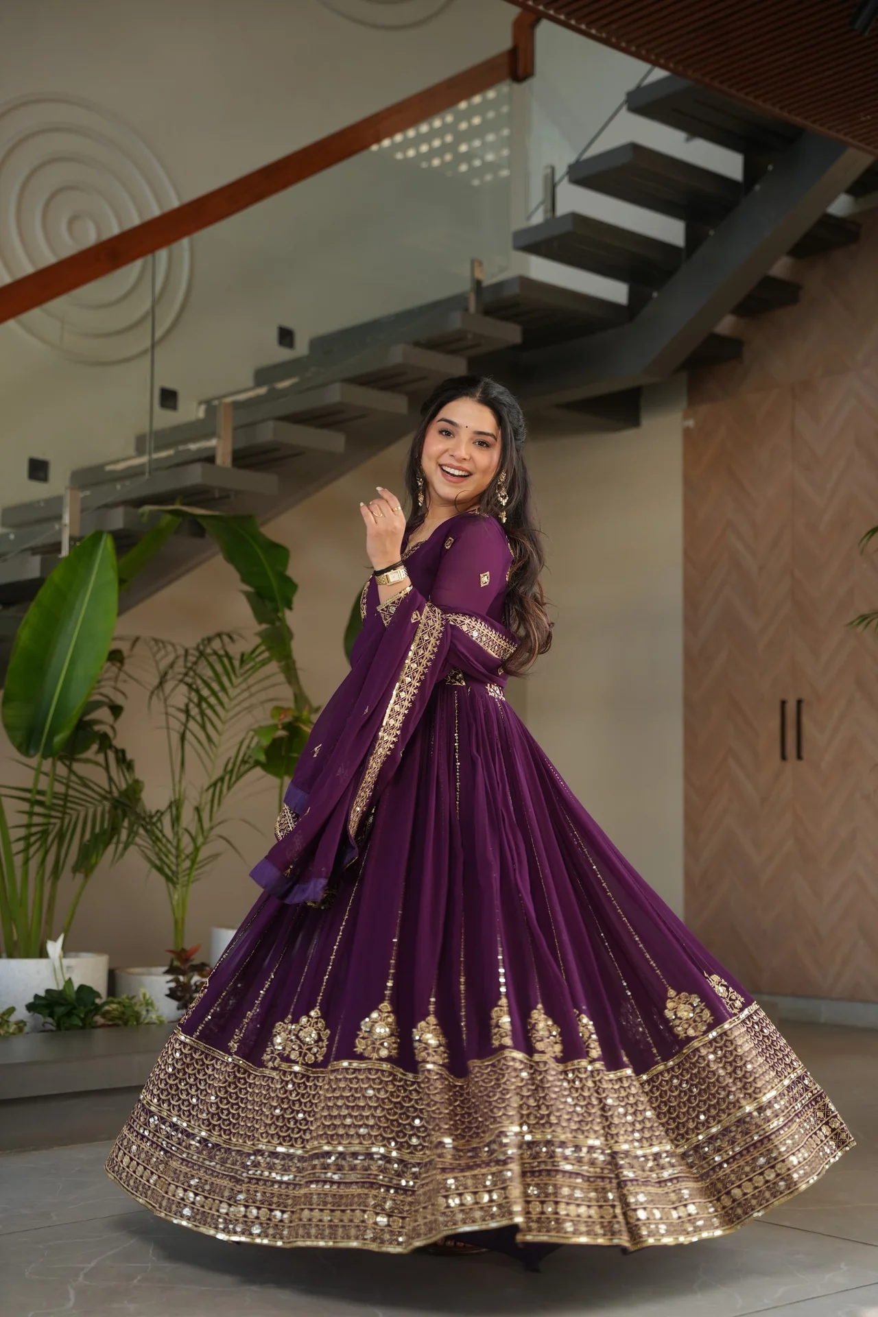 Women's Zari and Sequins Embroidered Faux Blooming Gown with Dupatta in Purple — photo 3 of 5