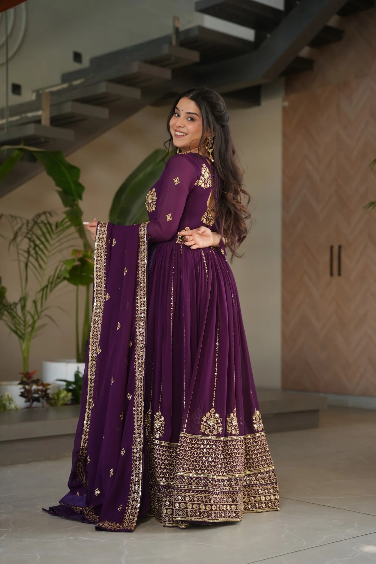 Women's Zari and Sequins Embroidered Faux Blooming Gown with Dupatta in Purple — photo 4 of 5