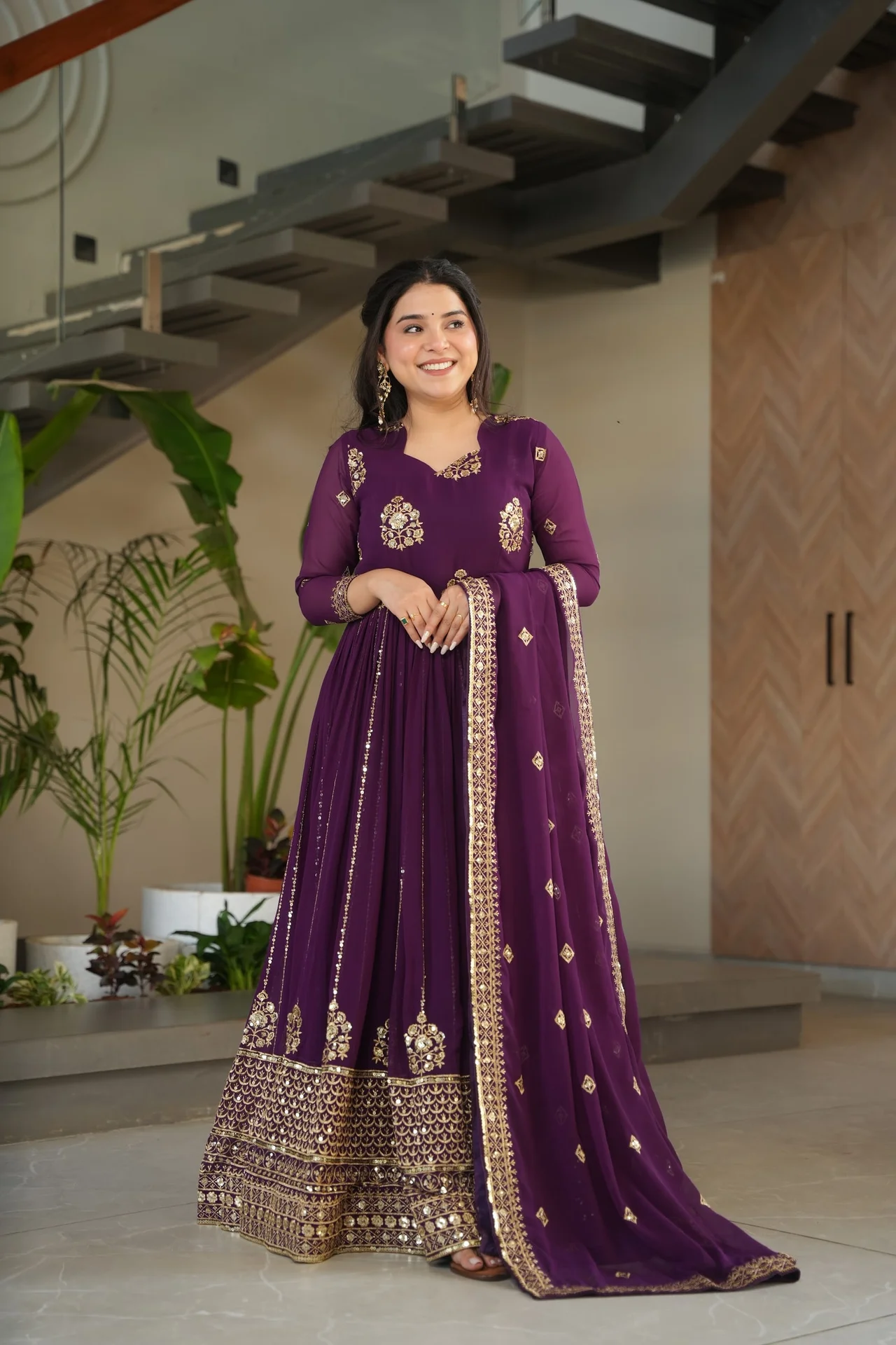 Women's Zari and Sequins Embroidered Faux Blooming Gown with Dupatta in Purple — photo 5 of 5