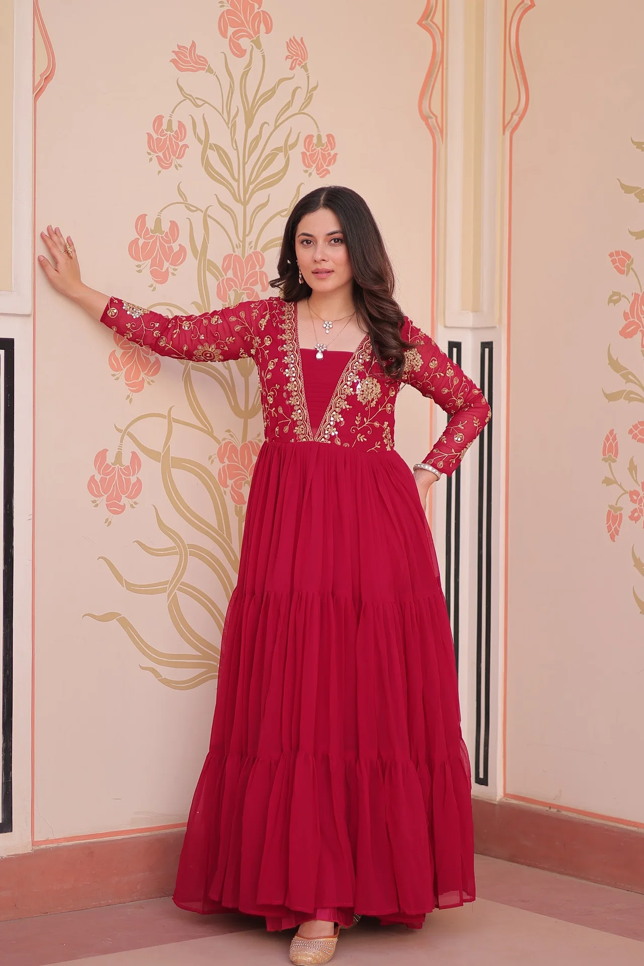 Women's Sequins and Zari Embroidered Faux Blooming Gown Only in Rani Pink — photo 2 of 10