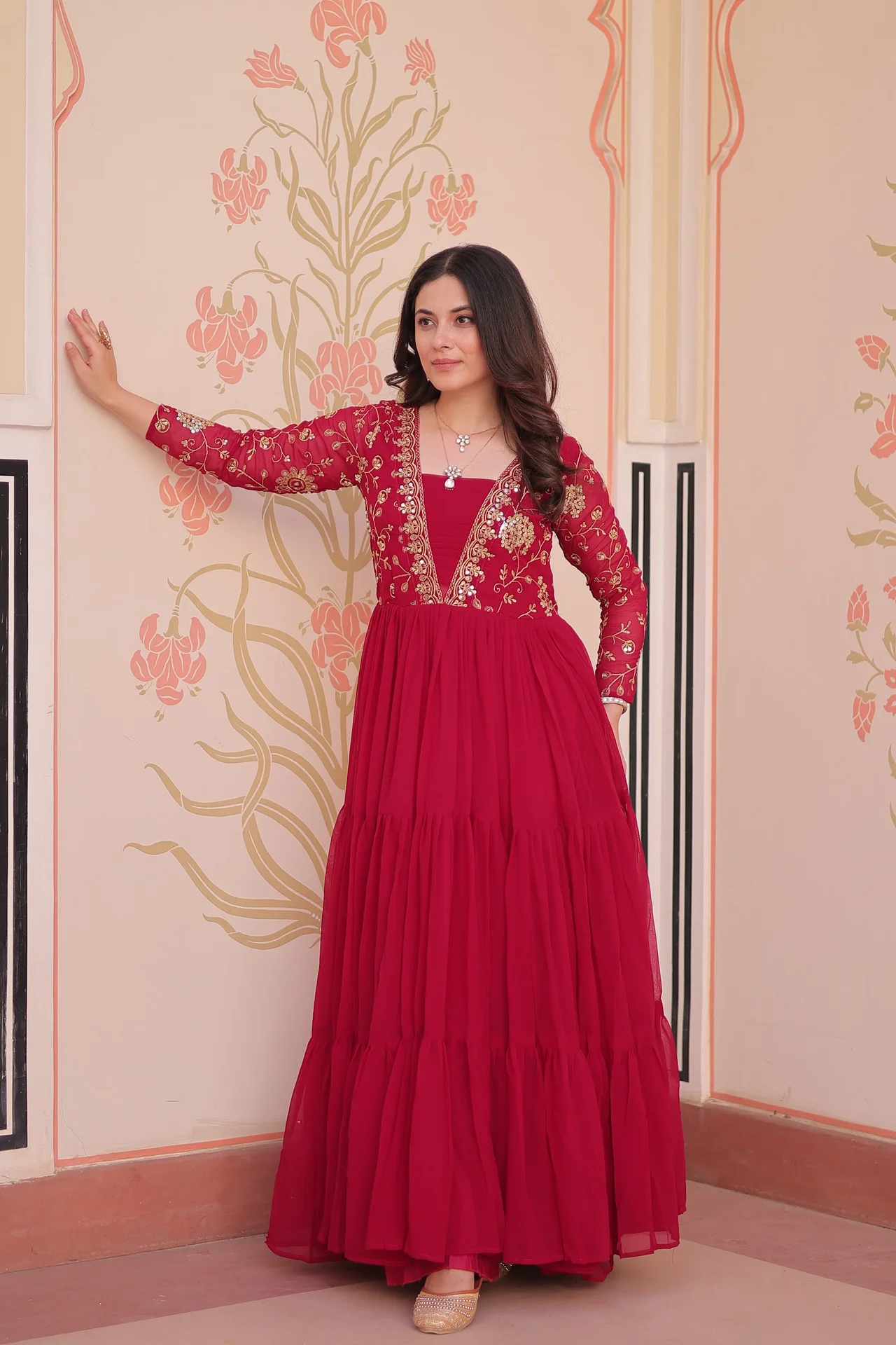 Women's Sequins and Zari Embroidered Faux Blooming Gown Only in Rani Pink — photo 3 of 10