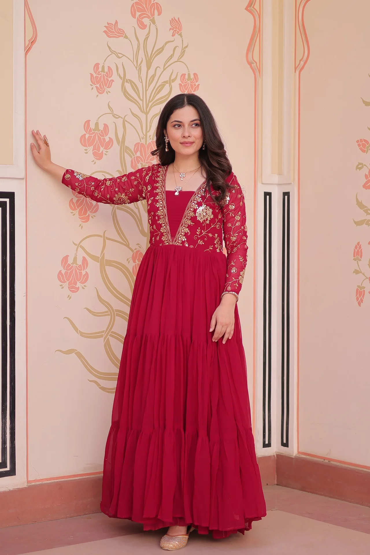 Women's Sequins and Zari Embroidered Faux Blooming Gown Only in Rani Pink — photo 4 of 10