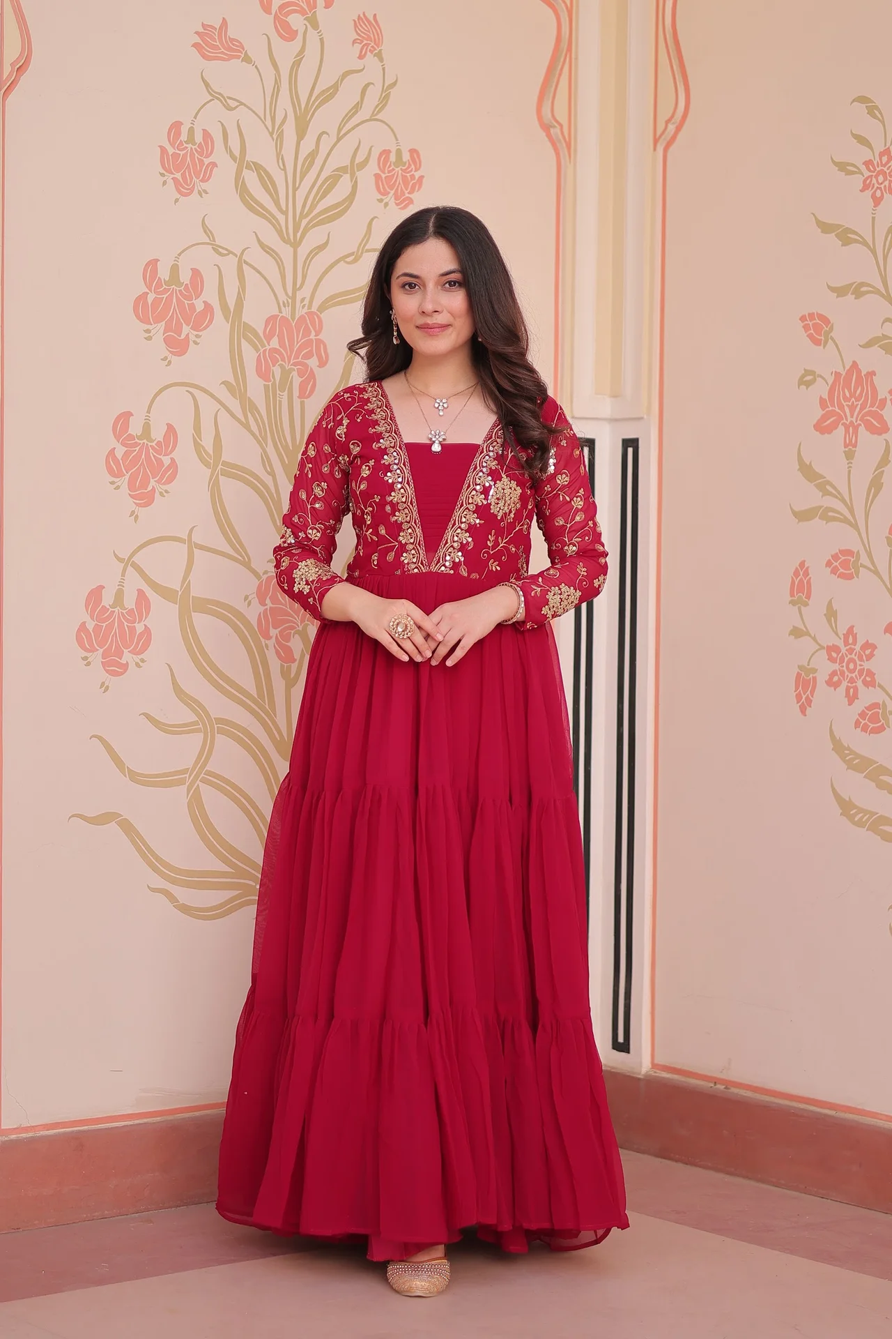 Women's Sequins and Zari Embroidered Faux Blooming Gown Only in Rani Pink — photo 5 of 10