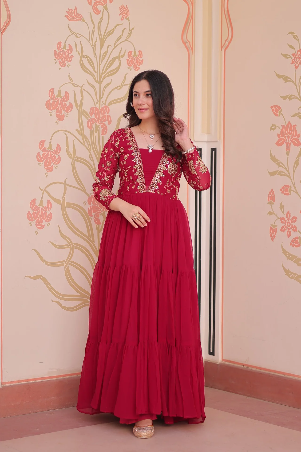 Women's Sequins and Zari Embroidered Faux Blooming Gown Only in Rani Pink — photo 6 of 10