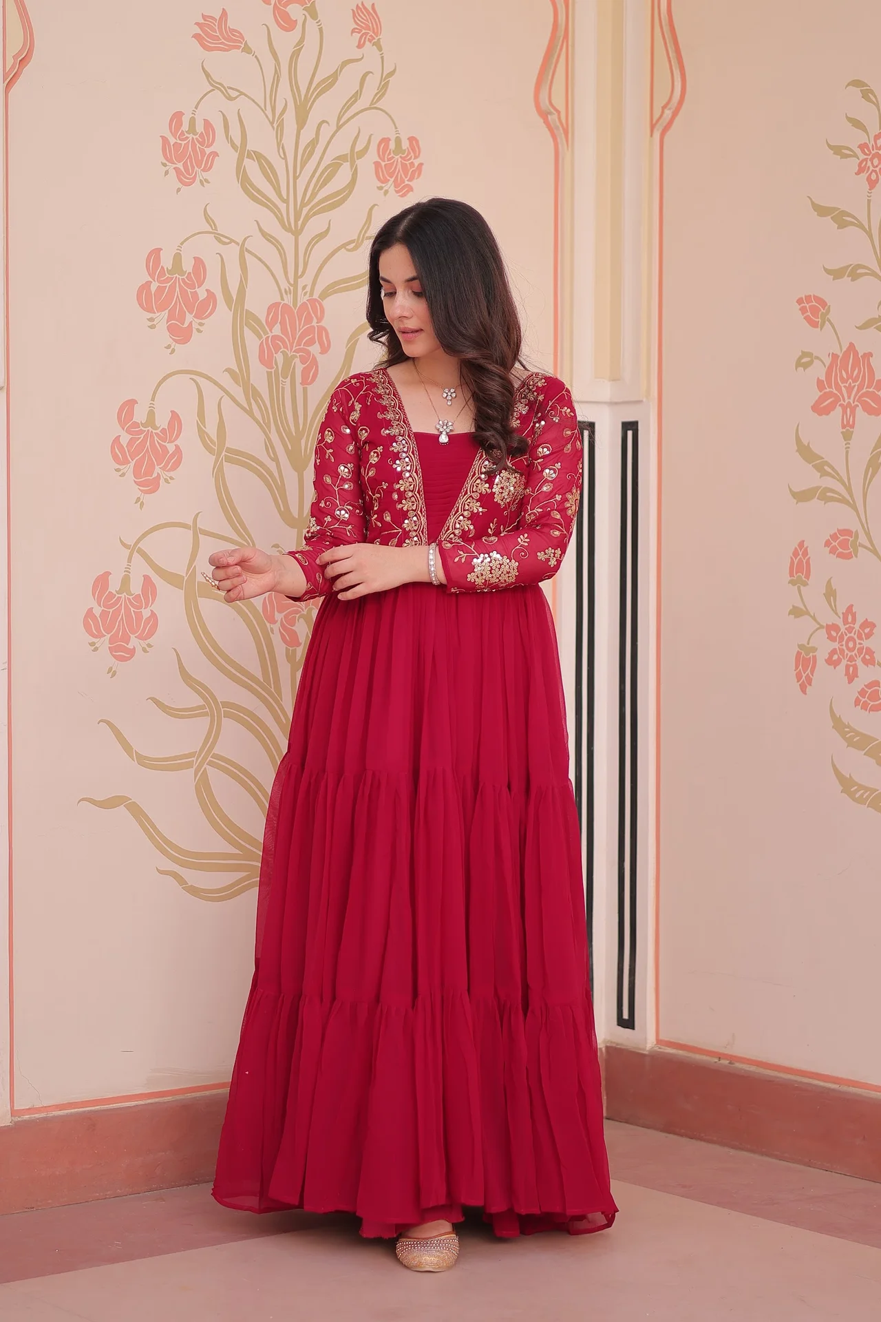 Women's Sequins and Zari Embroidered Faux Blooming Gown Only in Rani Pink — photo 7 of 10