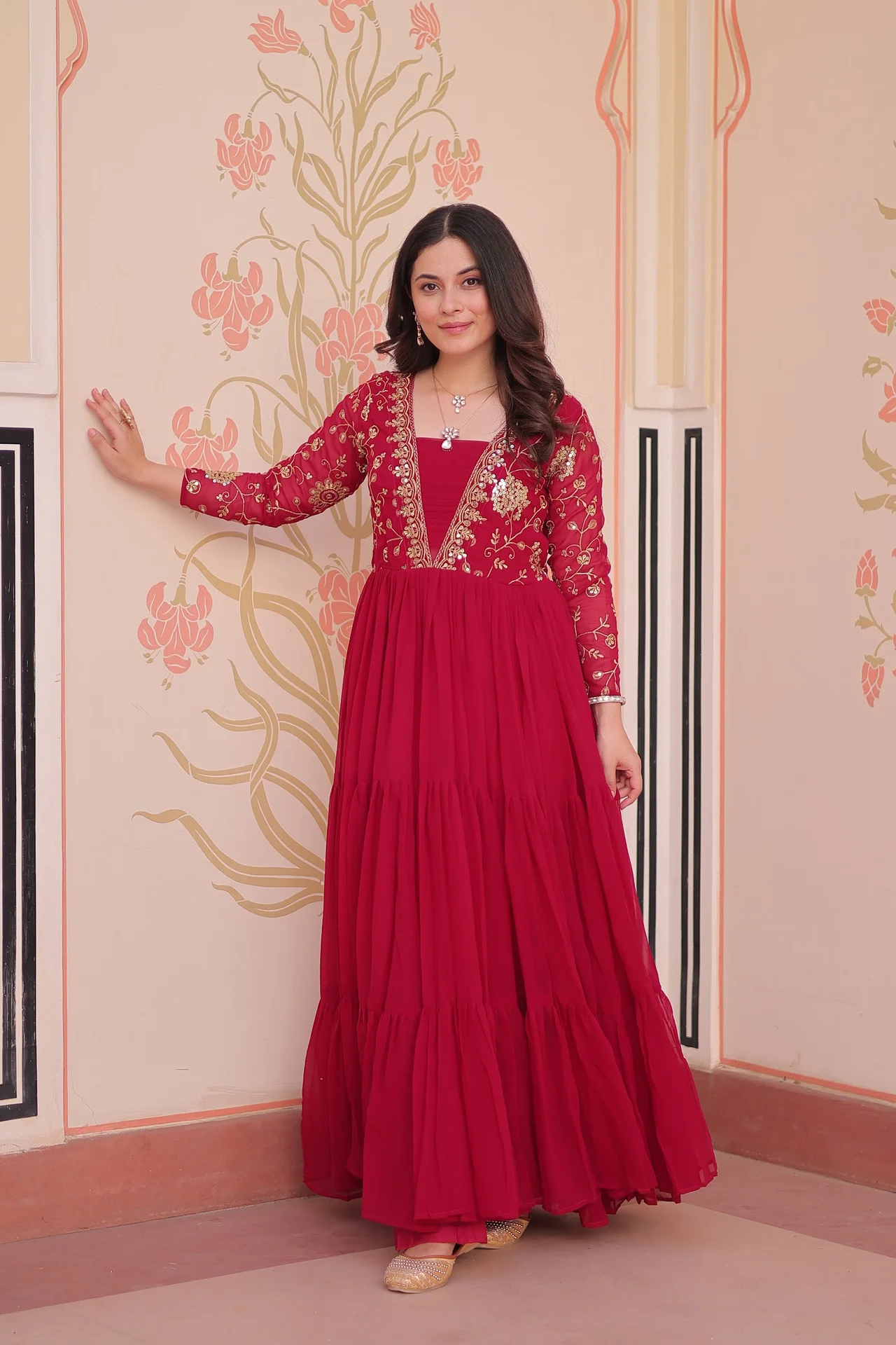 Women's Sequins and Zari Embroidered Faux Blooming Gown Only in Rani Pink — photo 9 of 10