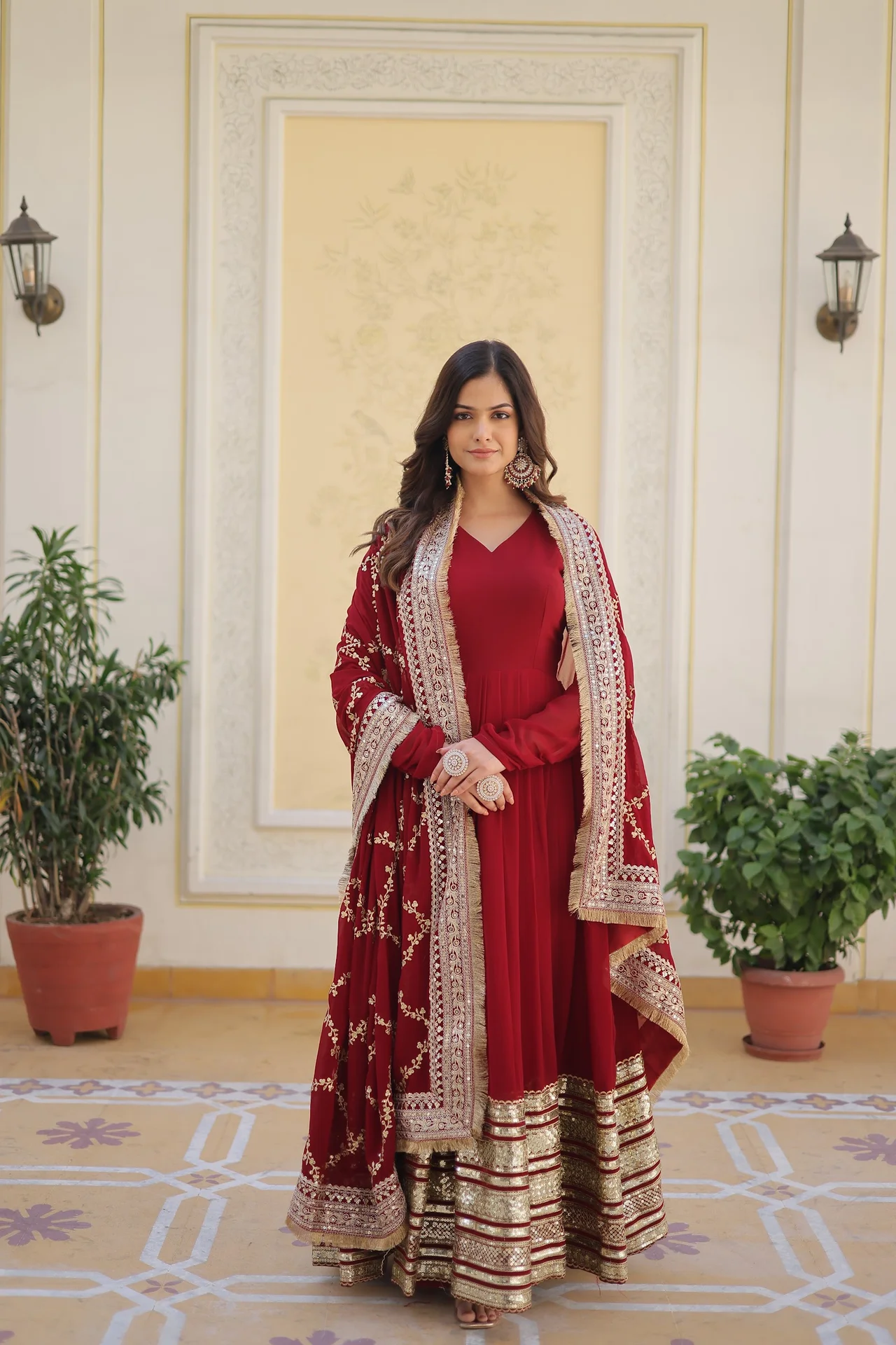 Women's Zari and Sequins Embroidered Faux Blooming Gown with Dupatta in Maroon — photo 2 of 9