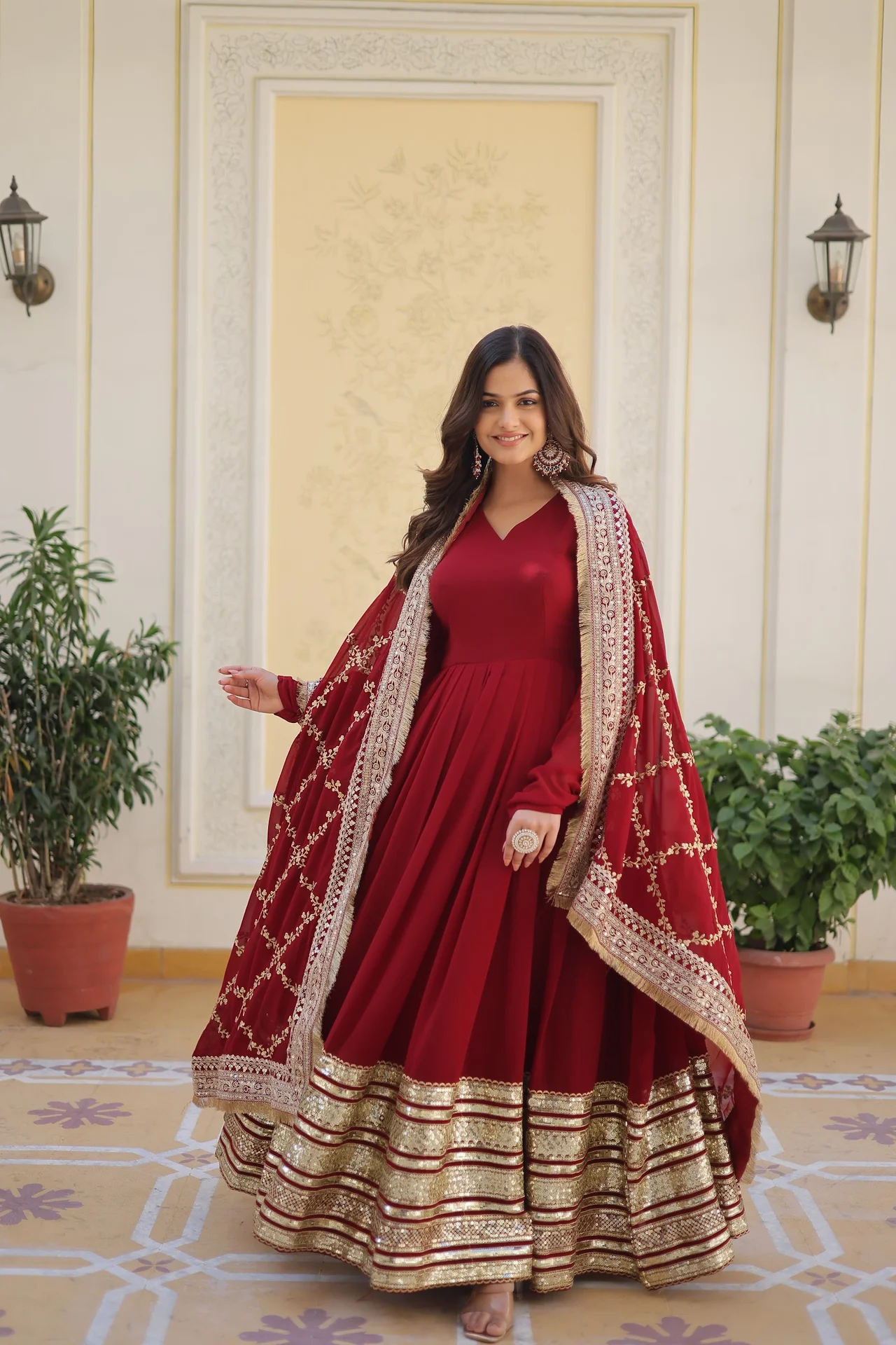 Women's Zari and Sequins Embroidered Faux Blooming Gown with Dupatta in Maroon — photo 3 of 9