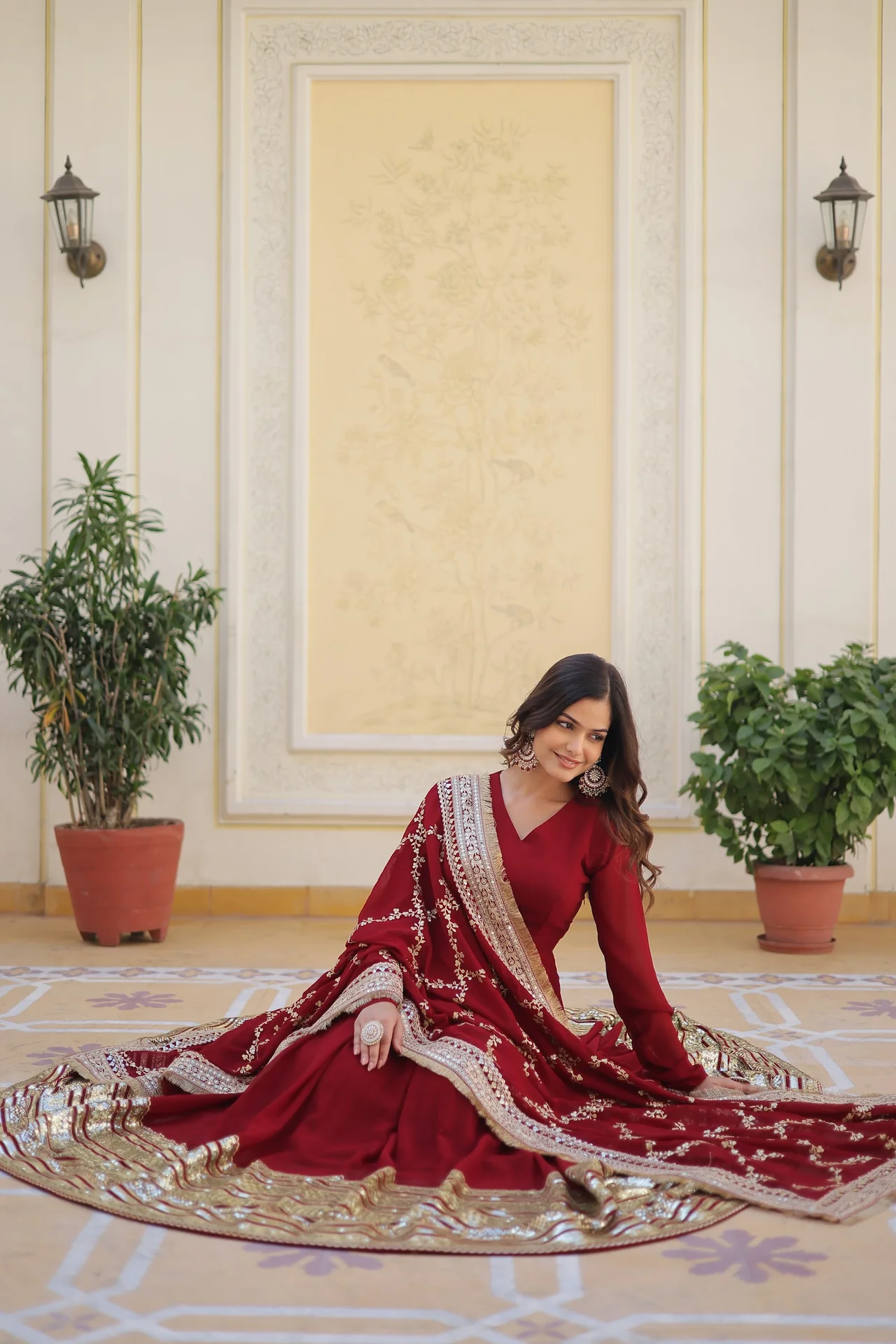 Women's Zari and Sequins Embroidered Faux Blooming Gown with Dupatta in Maroon — photo 4 of 9