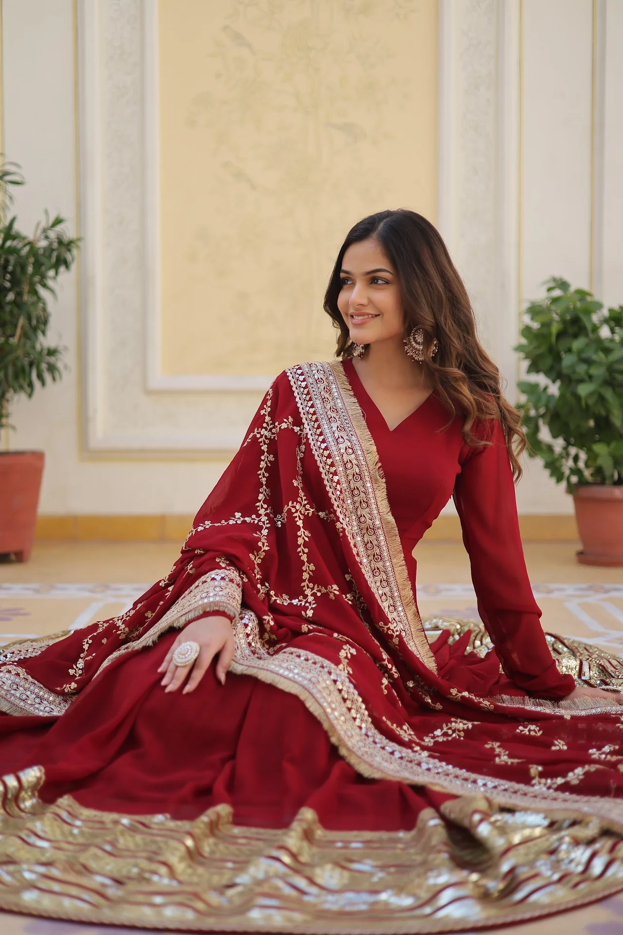 Women's Zari and Sequins Embroidered Faux Blooming Gown with Dupatta in Maroon — photo 5 of 9