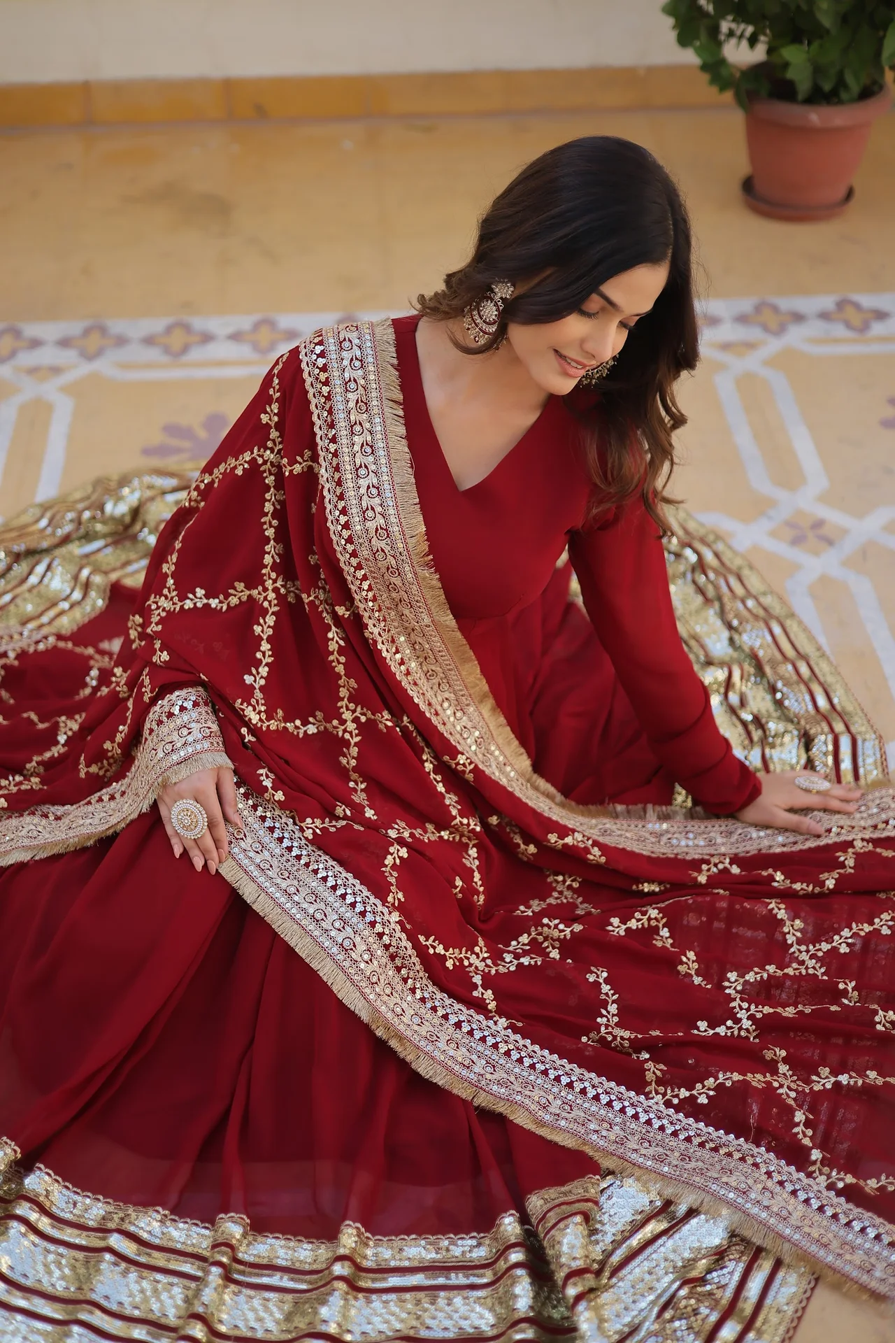 Women's Zari and Sequins Embroidered Faux Blooming Gown with Dupatta in Maroon — photo 6 of 9
