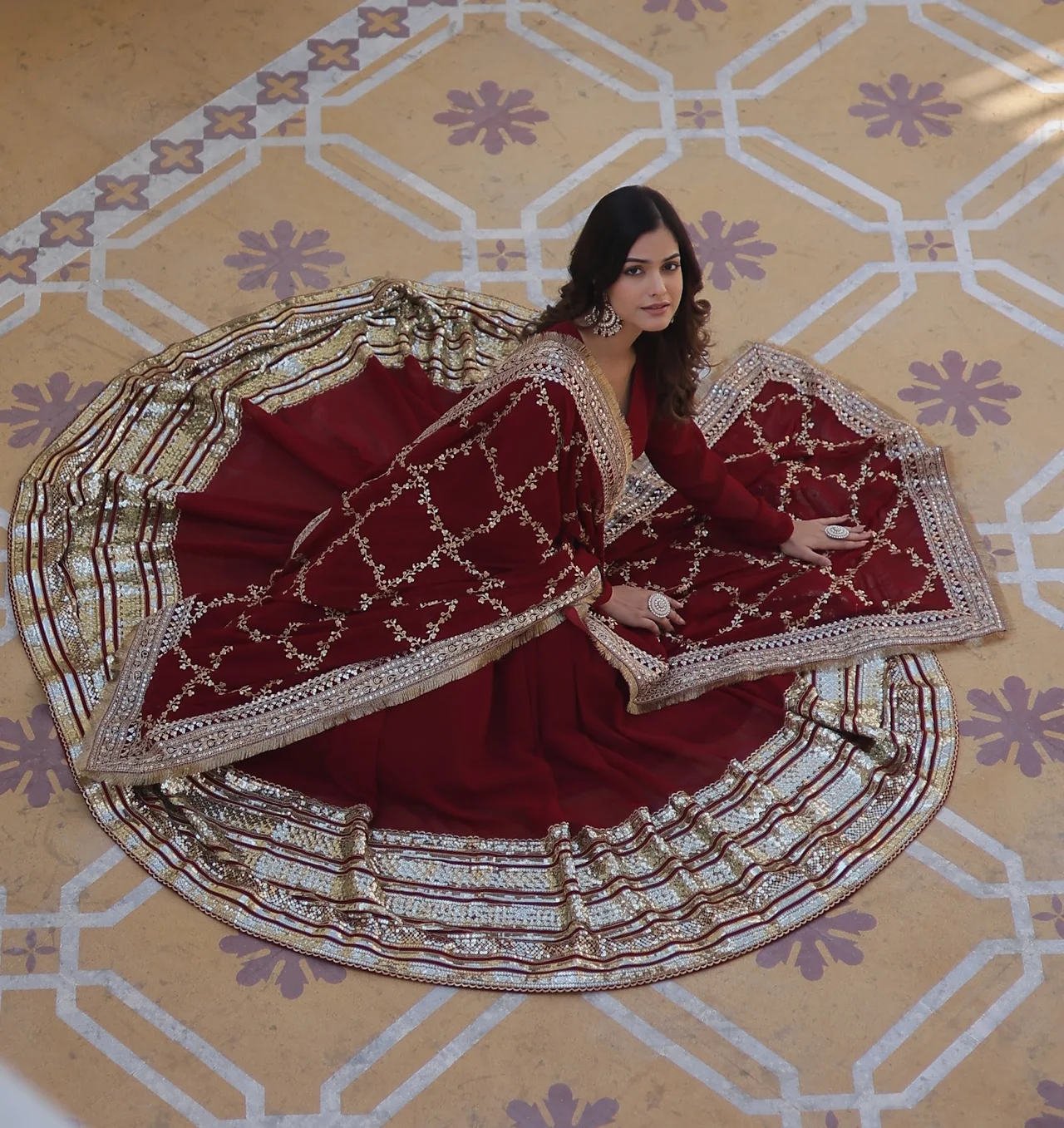 Women's Zari and Sequins Embroidered Faux Blooming Gown with Dupatta in Maroon — photo 8 of 9