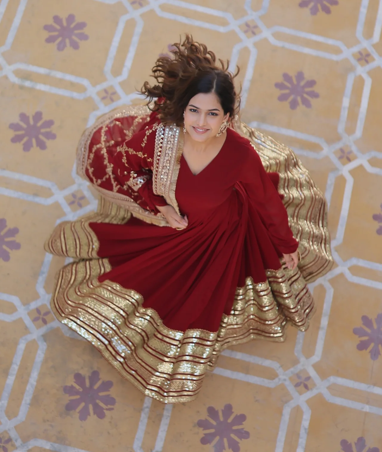 Women's Zari and Sequins Embroidered Faux Blooming Gown with Dupatta in Maroon — photo 9 of 9