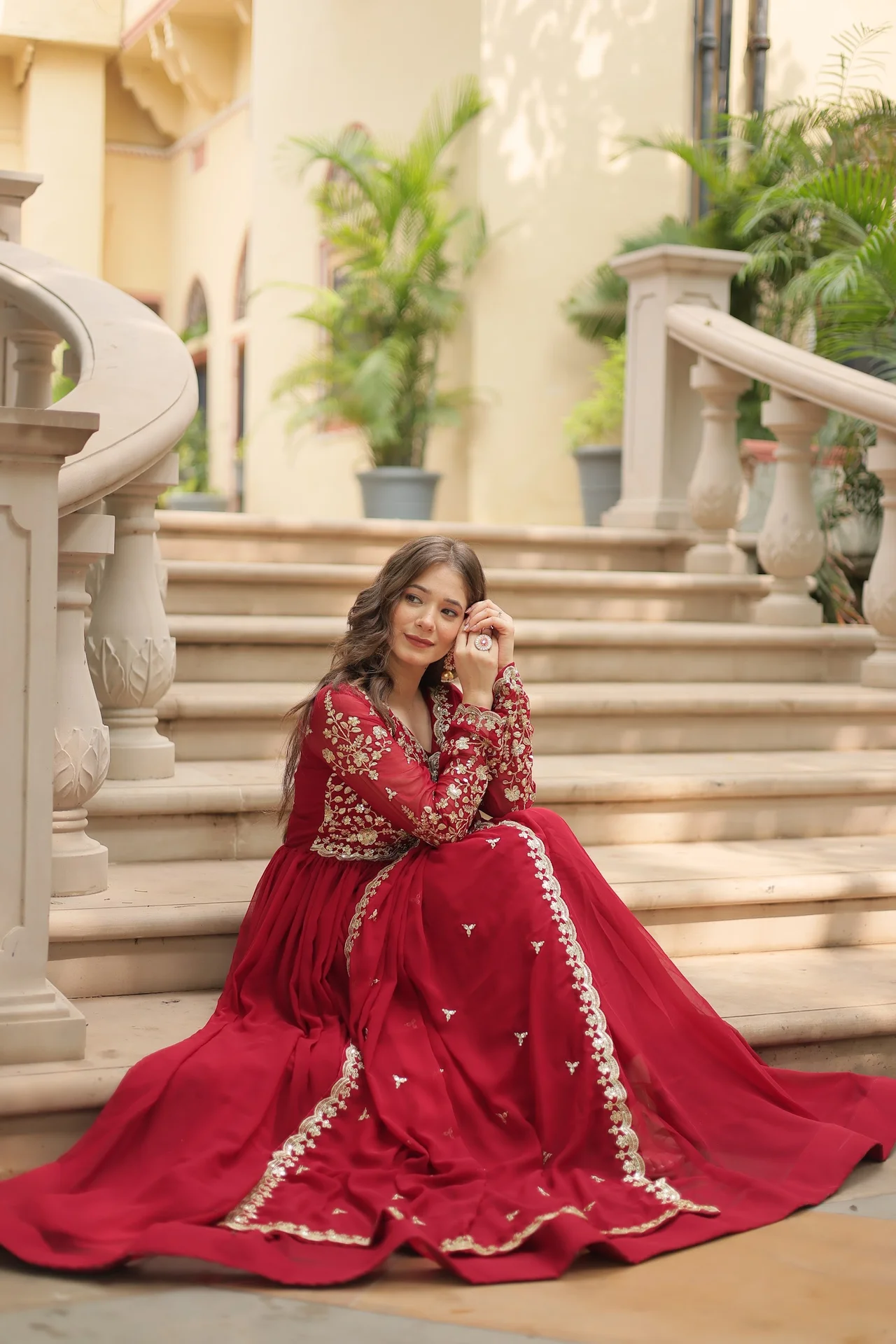 Women's Sequins and Zari Embroidered Faux Blooming Gown with Dupatta in Maroon — photo 2 of 10