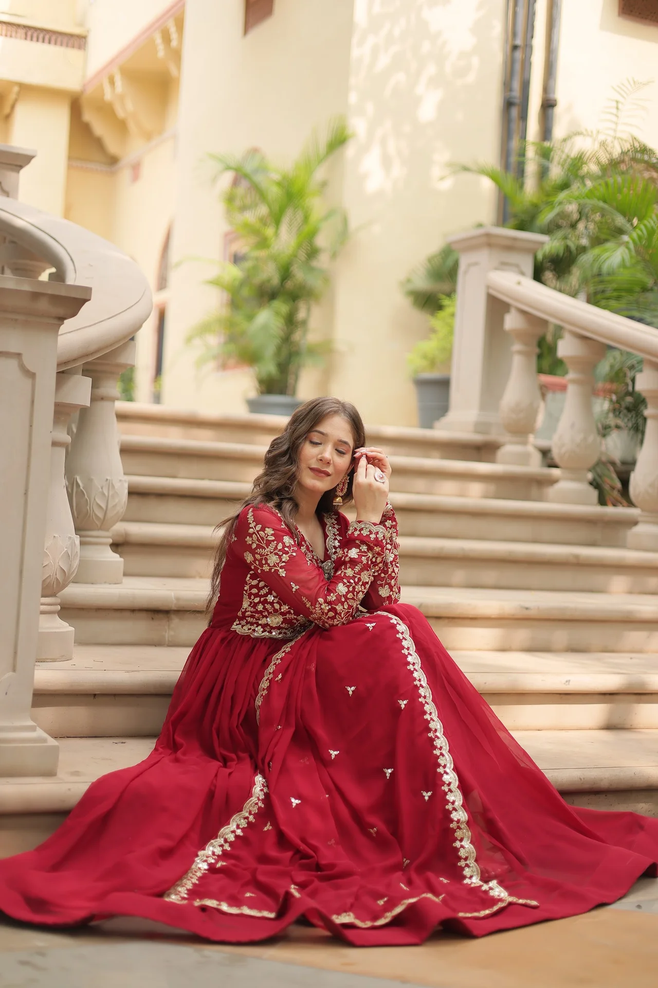 Women's Sequins and Zari Embroidered Faux Blooming Gown with Dupatta in Maroon — photo 3 of 10