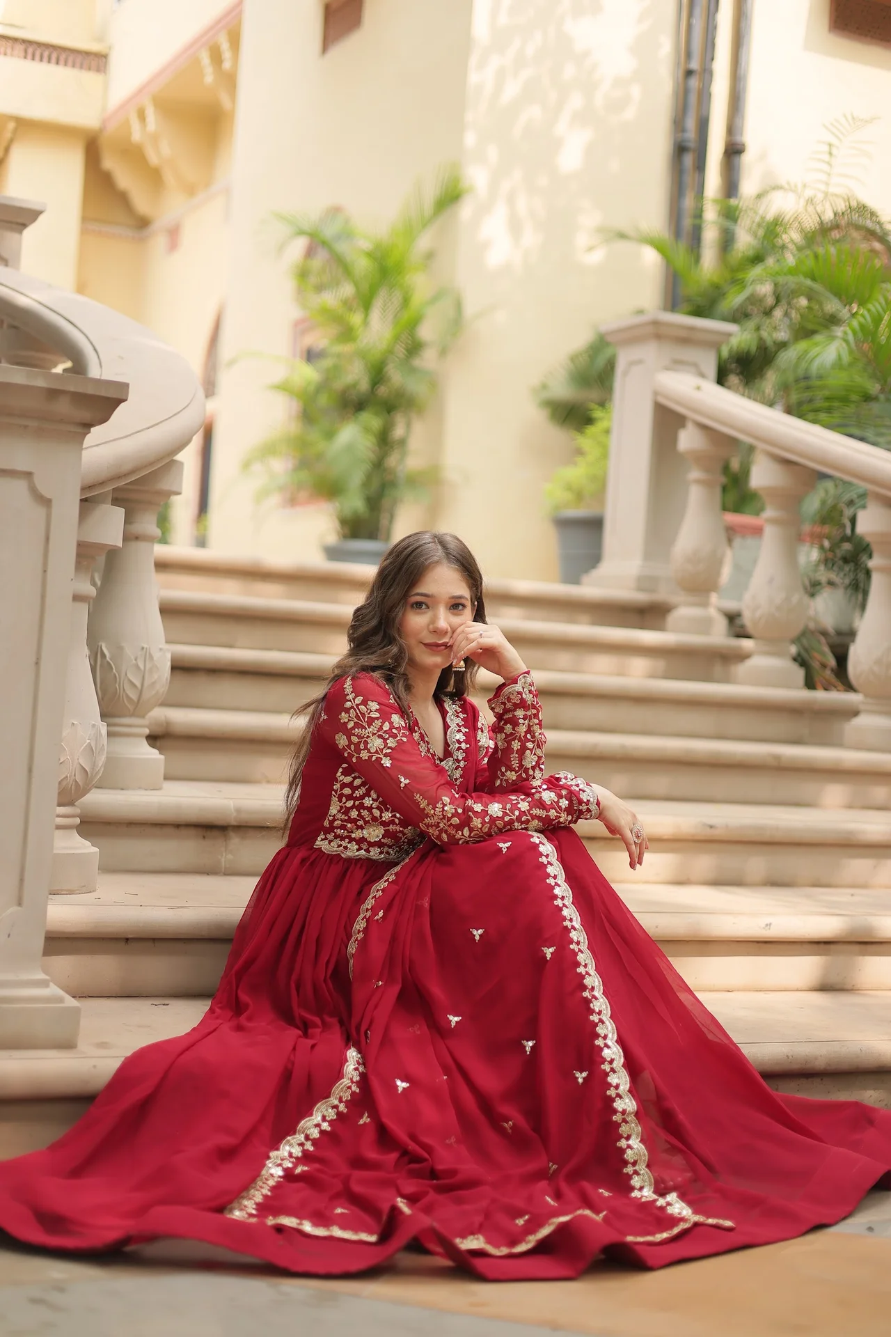 Women's Sequins and Zari Embroidered Faux Blooming Gown with Dupatta in Maroon — photo 4 of 10