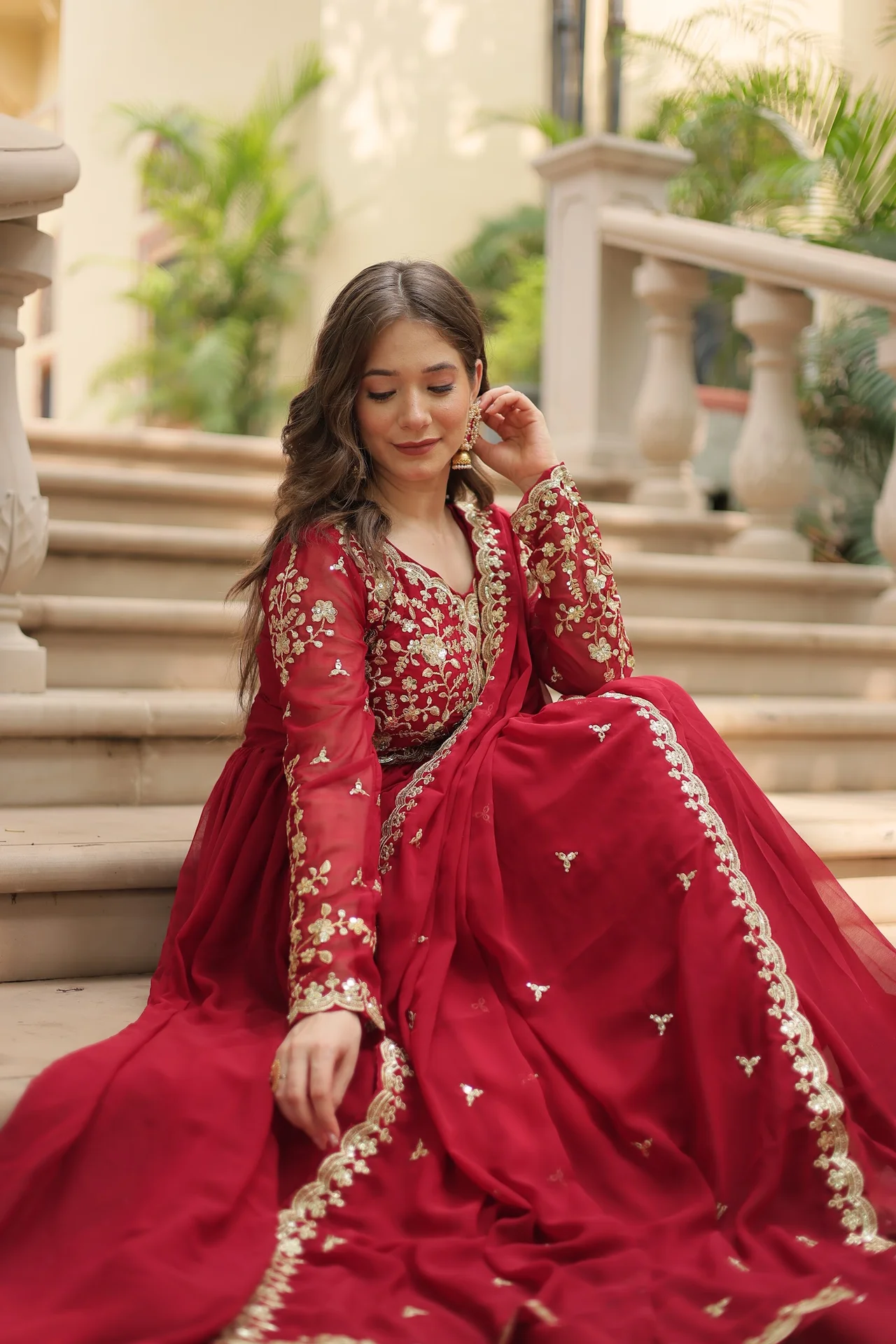 Women's Sequins and Zari Embroidered Faux Blooming Gown with Dupatta in Maroon — photo 5 of 10