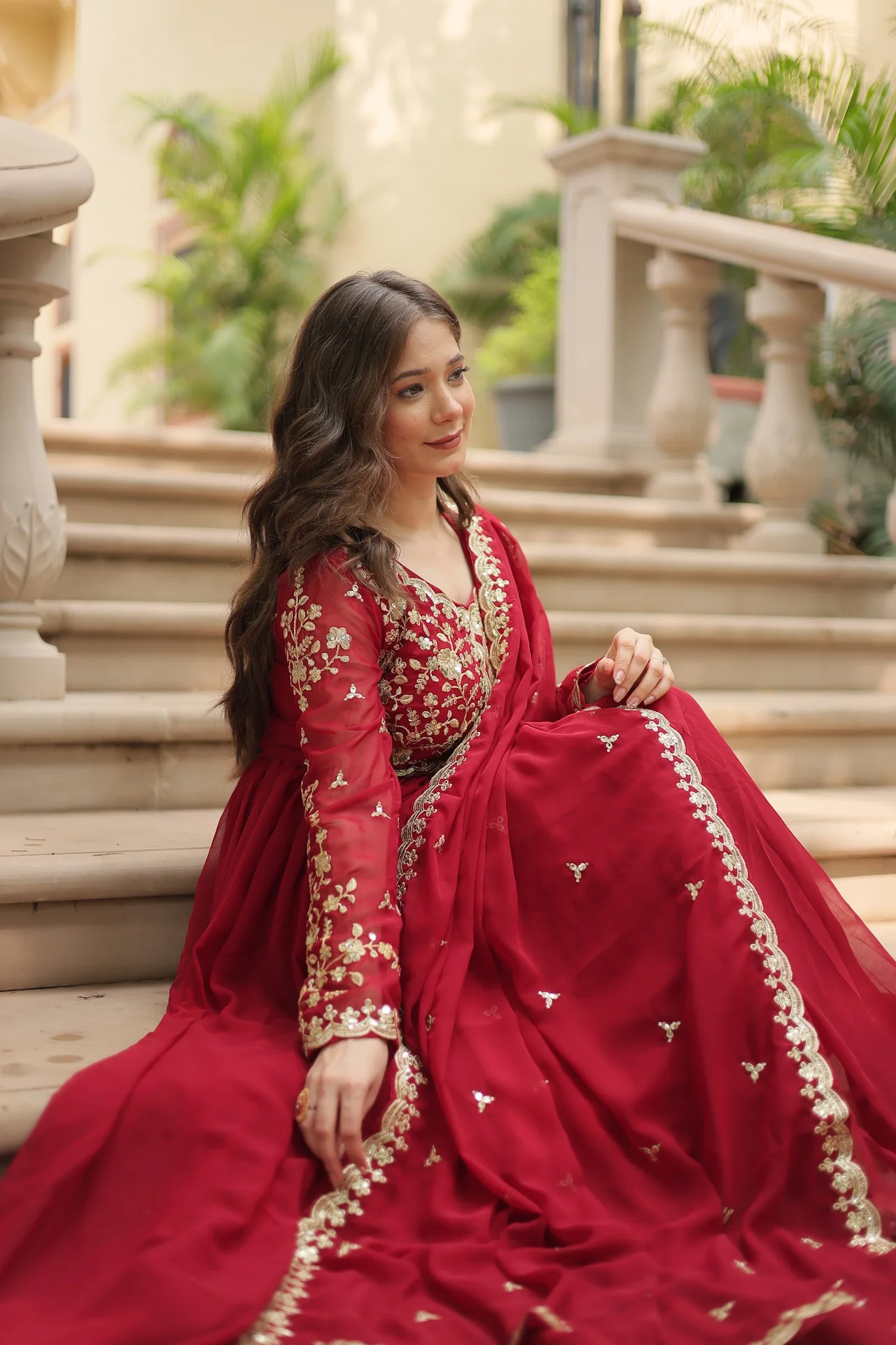 Women's Sequins and Zari Embroidered Faux Blooming Gown with Dupatta in Maroon — photo 6 of 10