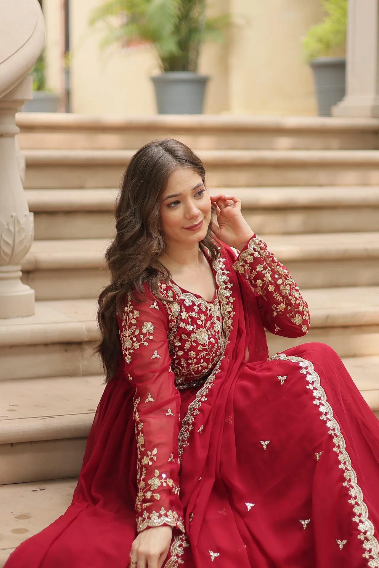 Women's Sequins and Zari Embroidered Faux Blooming Gown with Dupatta in Maroon — photo 7 of 10