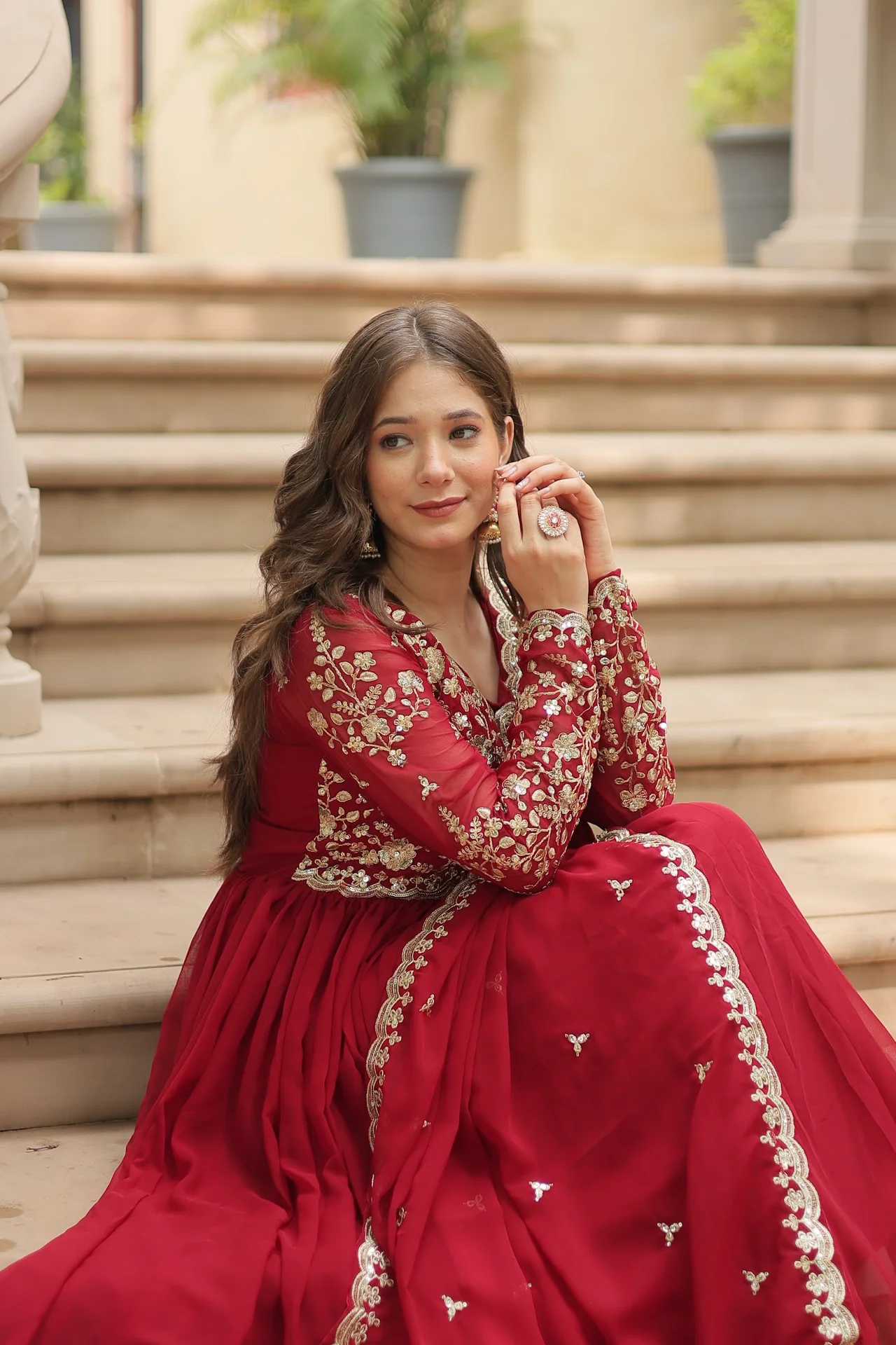 Women's Sequins and Zari Embroidered Faux Blooming Gown with Dupatta in Maroon — photo 8 of 10