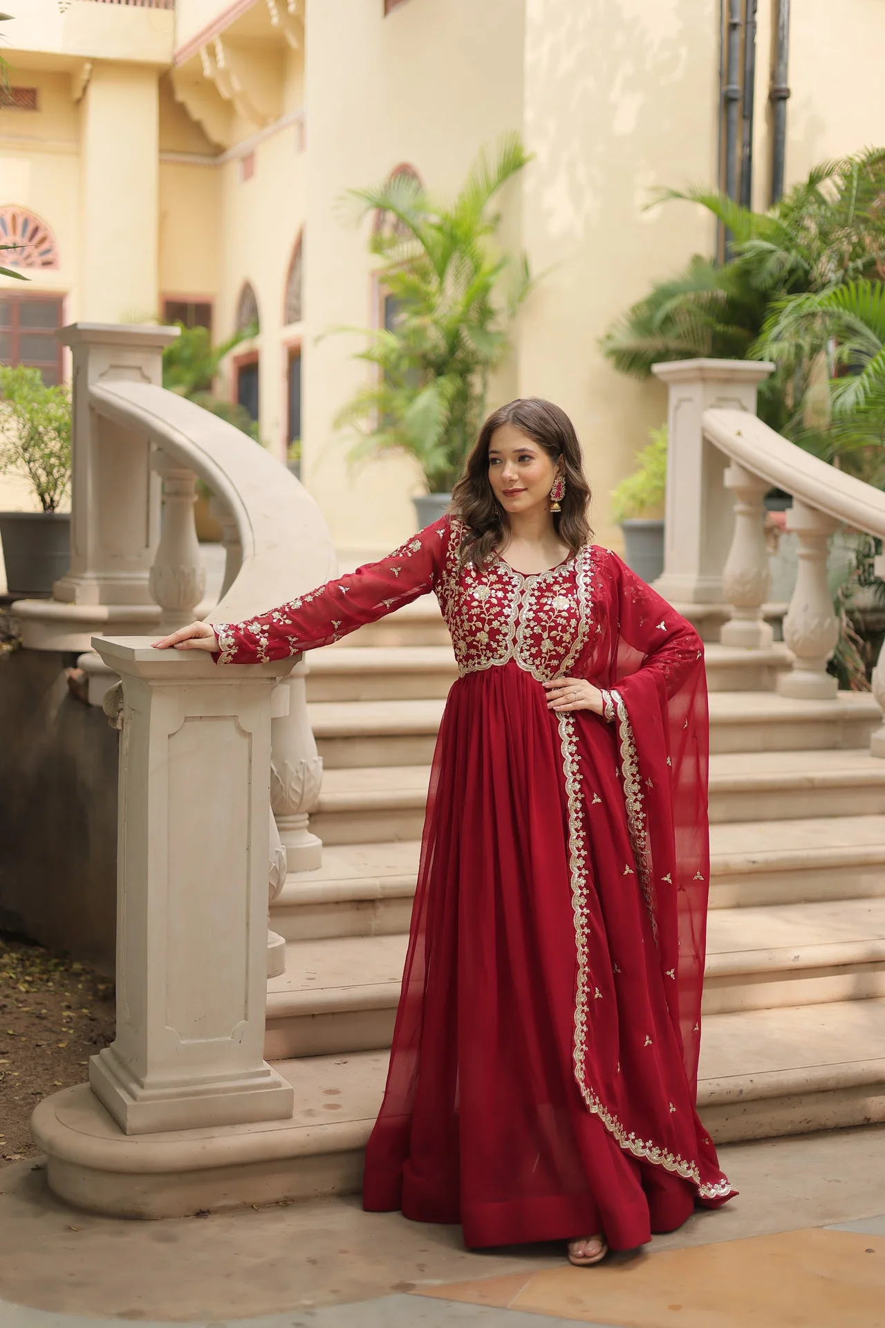 Women's Sequins and Zari Embroidered Faux Blooming Gown with Dupatta in Maroon — photo 9 of 10