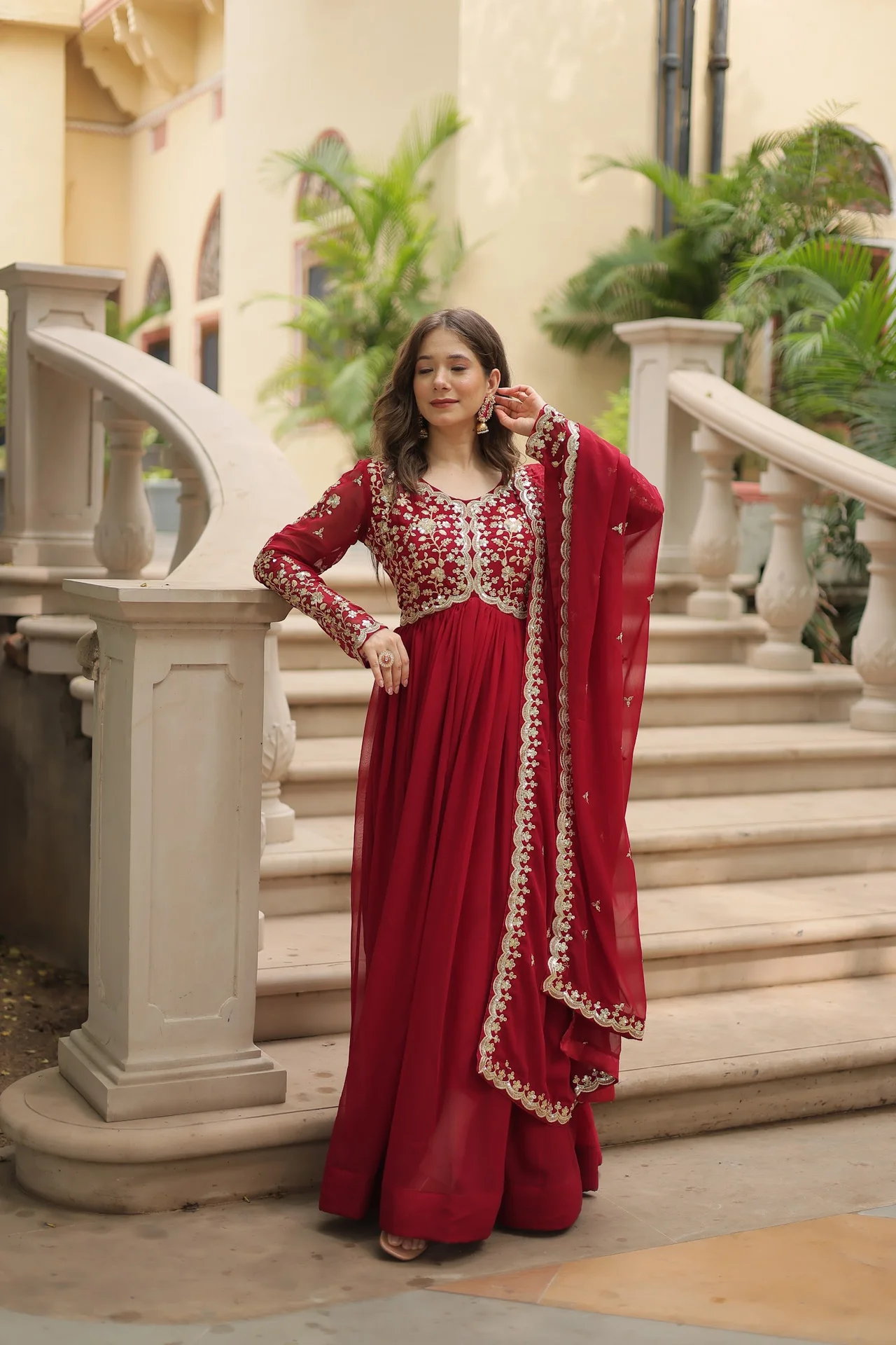 Women's Sequins and Zari Embroidered Faux Blooming Gown with Dupatta in Maroon — photo 10 of 10