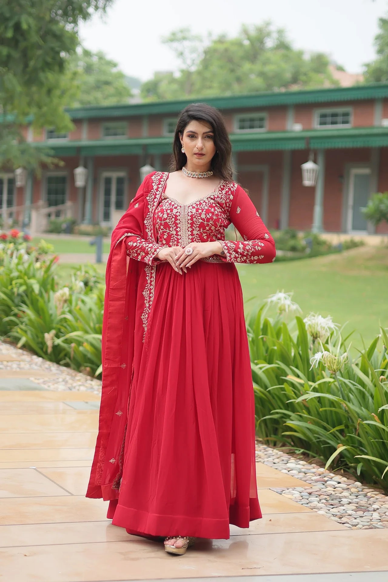 Women's Multi Sequins and Zari Embroidered Faux Blooming Gown with Lace Border Dupatta — photo 2 of 10