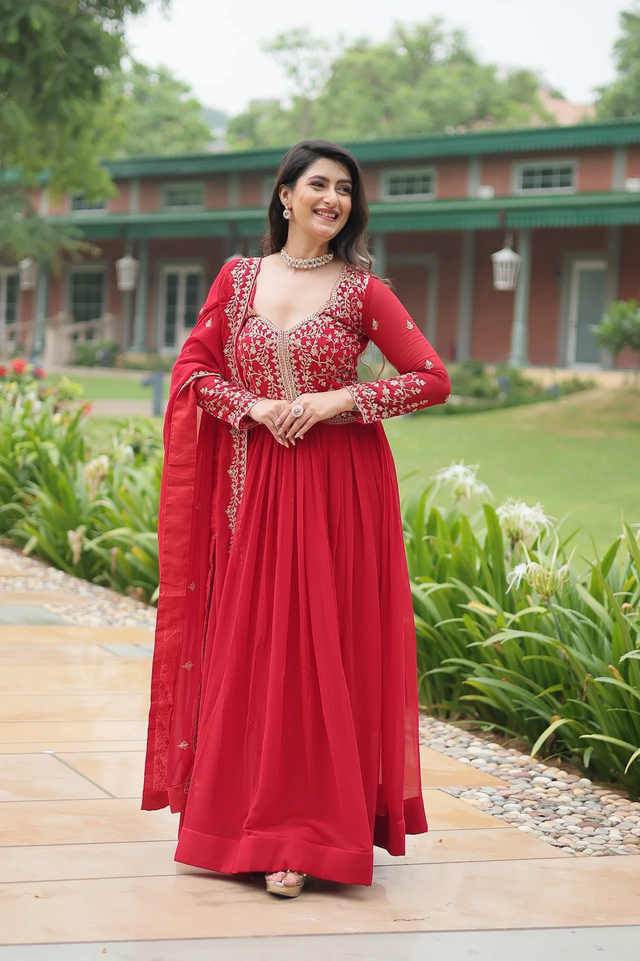 Women's Multi Sequins and Zari Embroidered Faux Blooming Gown with Lace Border Dupatta — photo 3 of 10