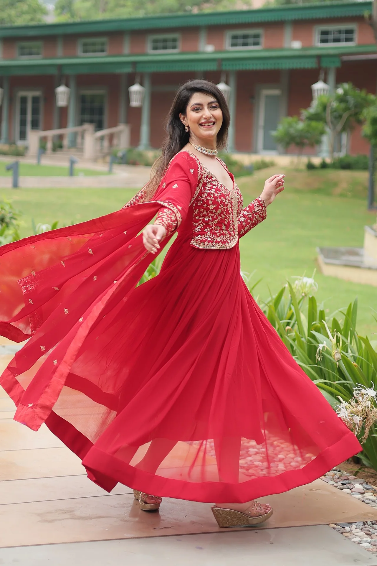 Women's Multi Sequins and Zari Embroidered Faux Blooming Gown with Lace Border Dupatta — photo 7 of 10