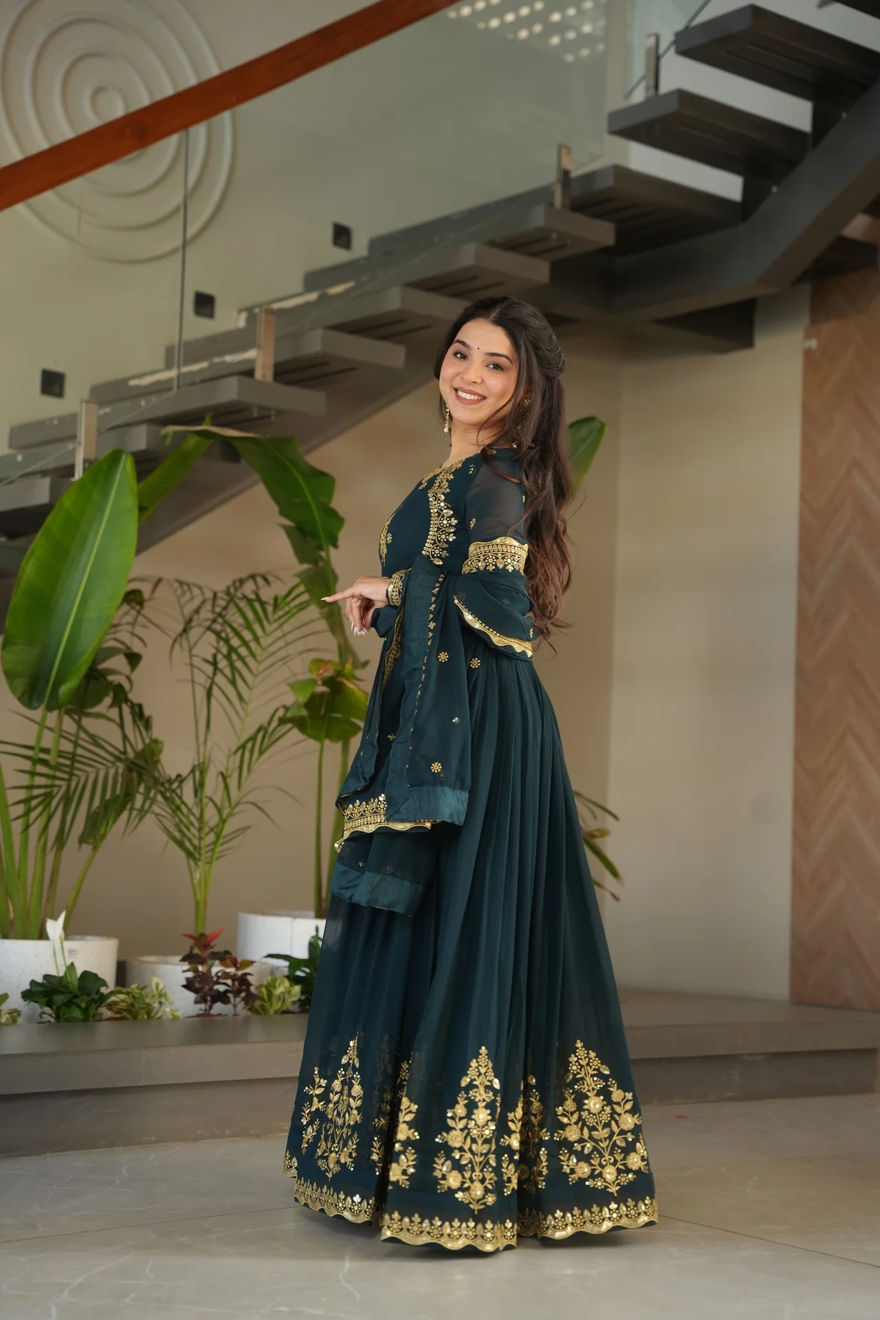 Women's Zari Thread and Sequins Embroidered Faux Blooming Georgette Gown with Dupatta in Bottle Green — photo 2 of 10