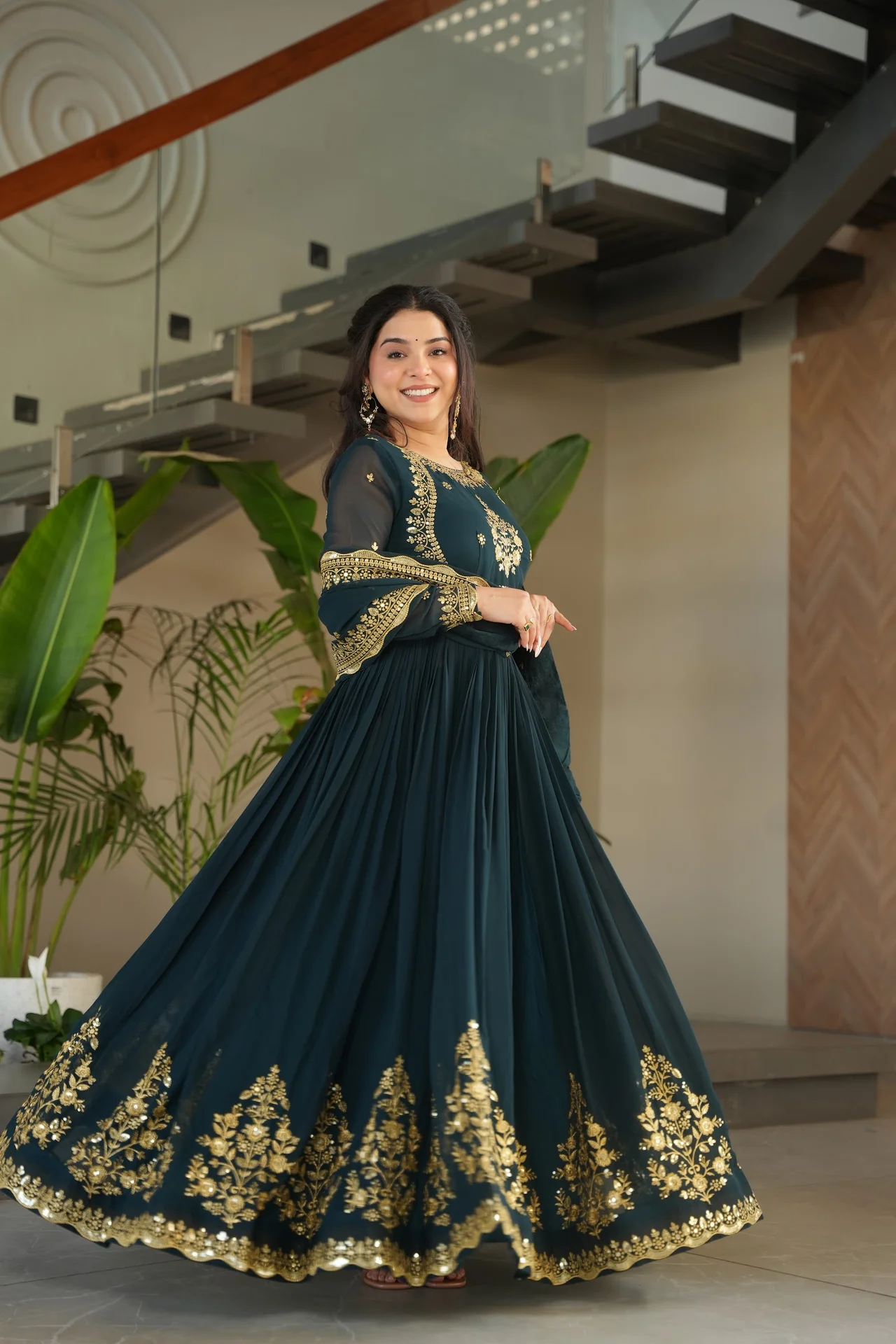 Women's Zari Thread and Sequins Embroidered Faux Blooming Georgette Gown with Dupatta in Bottle Green — photo 3 of 10