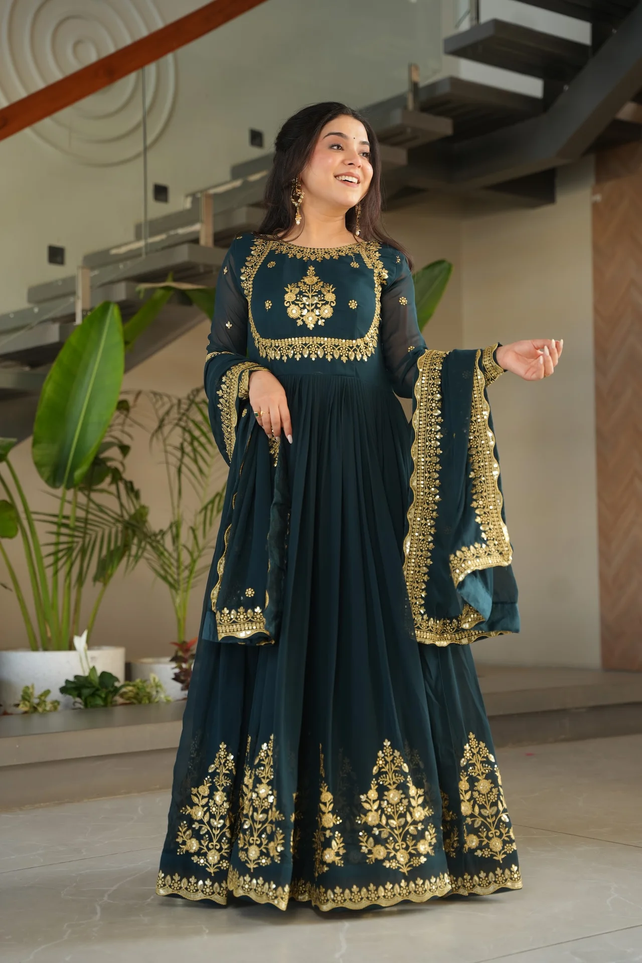 Women's Zari Thread and Sequins Embroidered Faux Blooming Georgette Gown with Dupatta in Bottle Green — photo 4 of 10