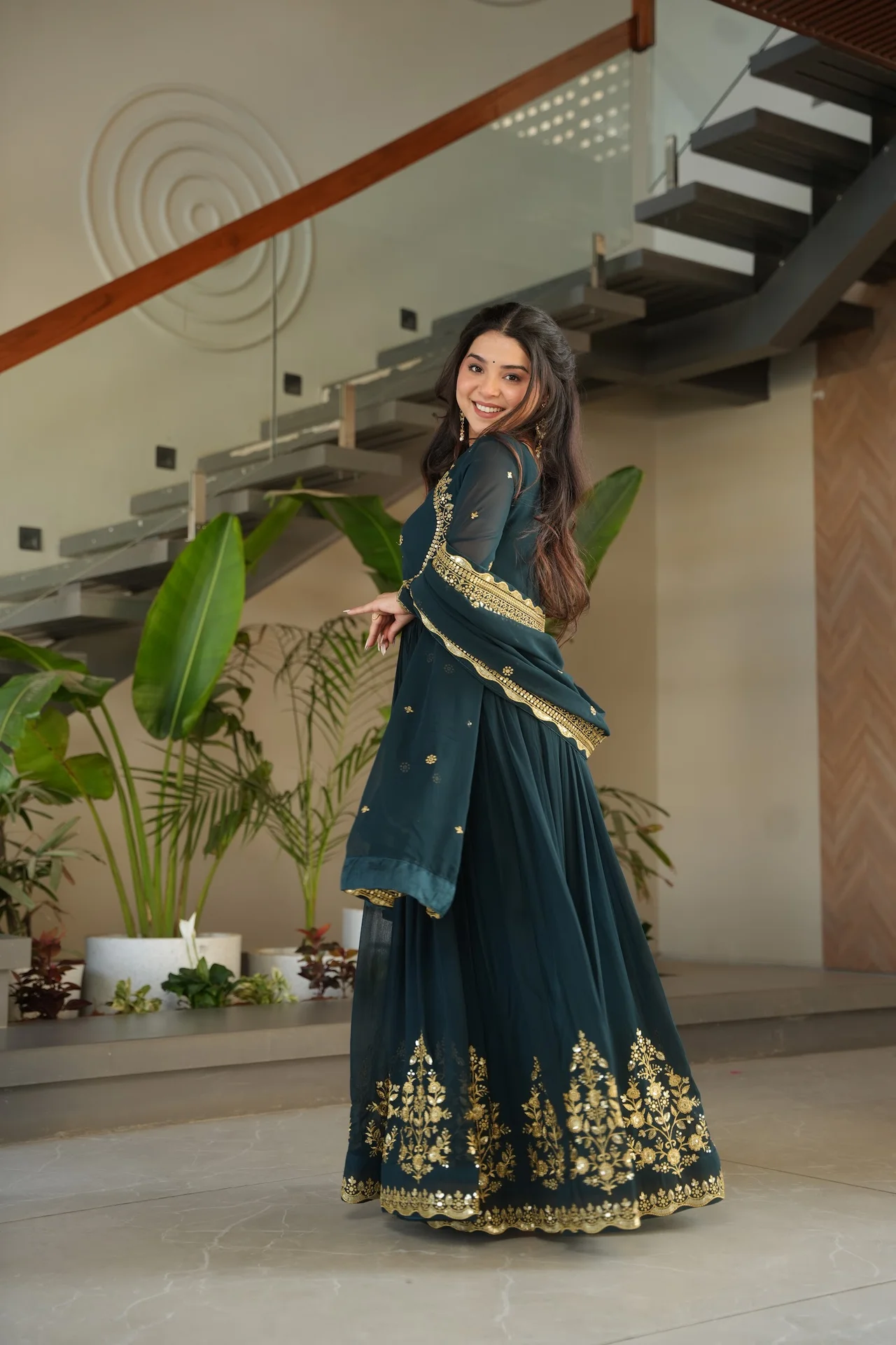 Women's Zari Thread and Sequins Embroidered Faux Blooming Georgette Gown with Dupatta in Bottle Green — photo 5 of 10