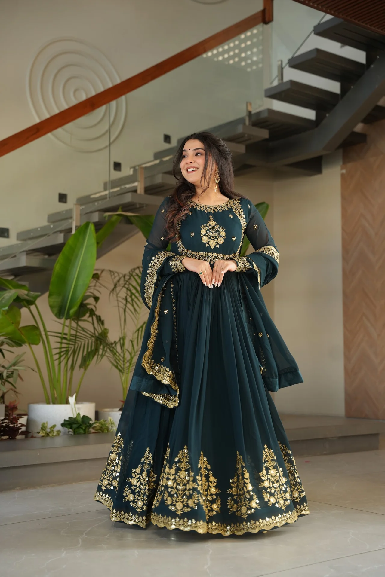 Women's Zari Thread and Sequins Embroidered Faux Blooming Georgette Gown with Dupatta in Bottle Green — photo 6 of 10