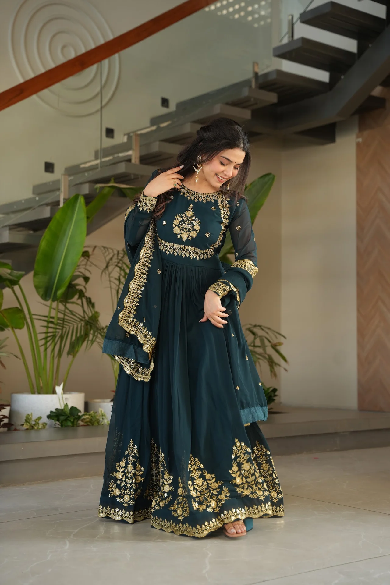 Women's Zari Thread and Sequins Embroidered Faux Blooming Georgette Gown with Dupatta in Bottle Green — photo 7 of 10