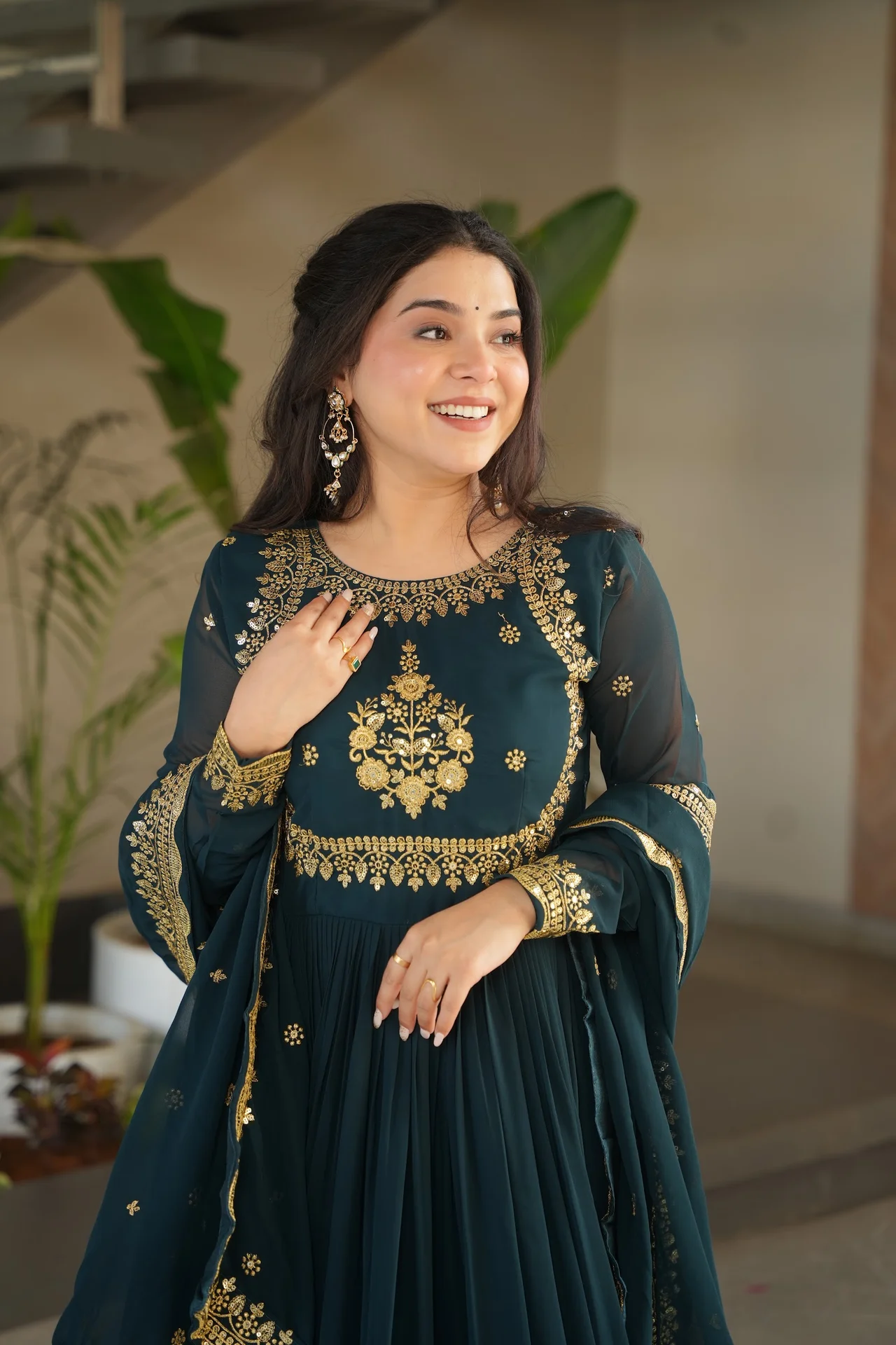 Women's Zari Thread and Sequins Embroidered Faux Blooming Georgette Gown with Dupatta in Bottle Green — photo 8 of 10