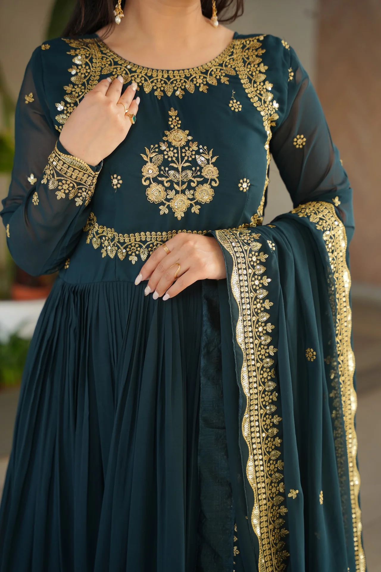 Women's Zari Thread and Sequins Embroidered Faux Blooming Georgette Gown with Dupatta in Bottle Green — photo 9 of 10