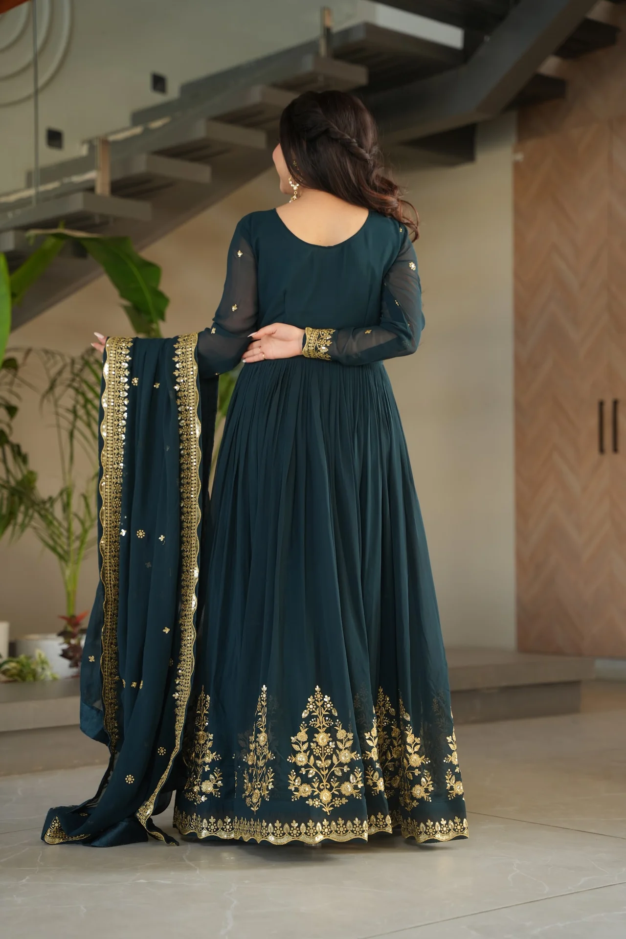 Women's Zari Thread and Sequins Embroidered Faux Blooming Georgette Gown with Dupatta in Bottle Green — photo 10 of 10