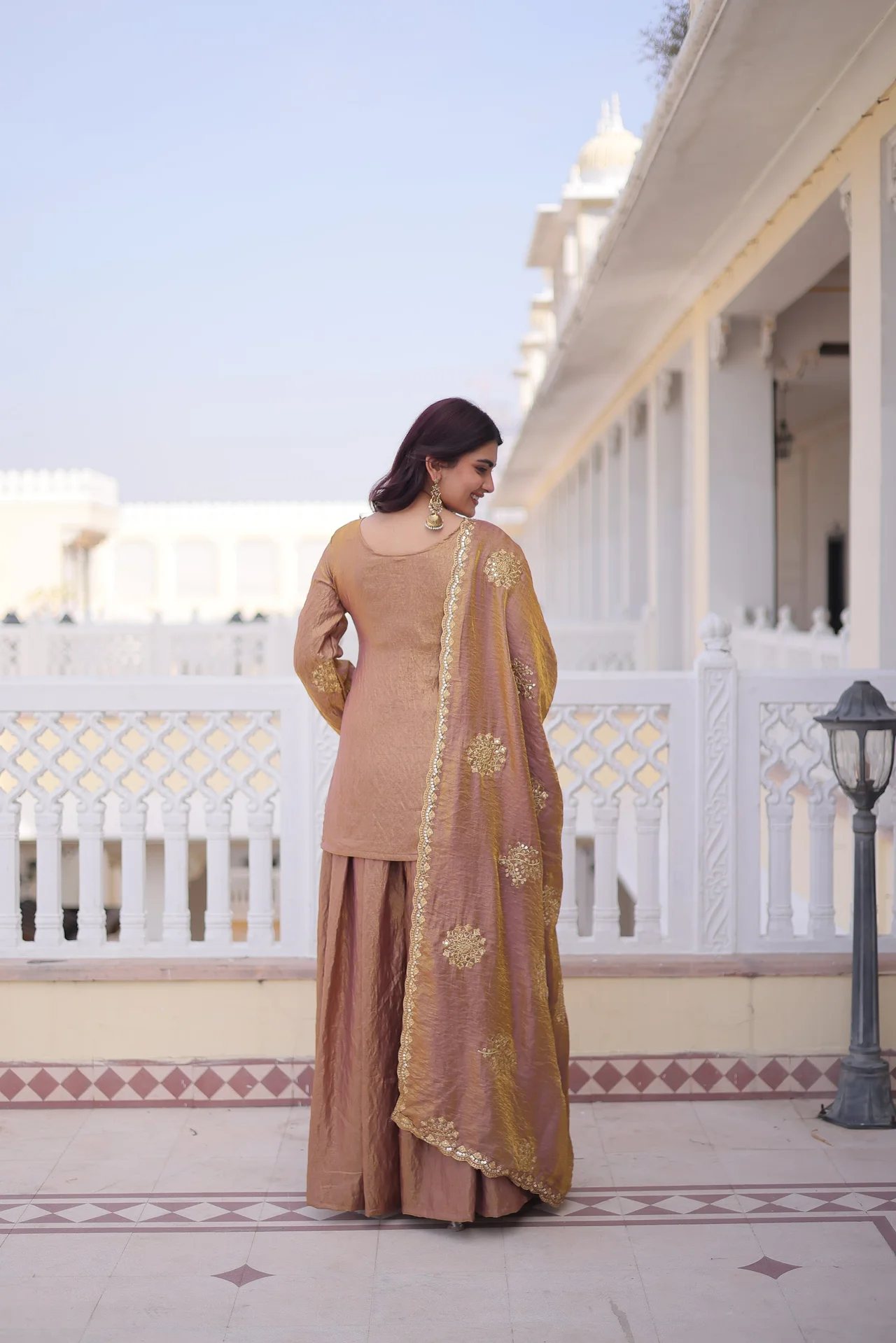 Women's Zari and Sequins Embroidered Fendi Crush Kurti Sharara Set with Dupatta in Gold — photo 2 of 10