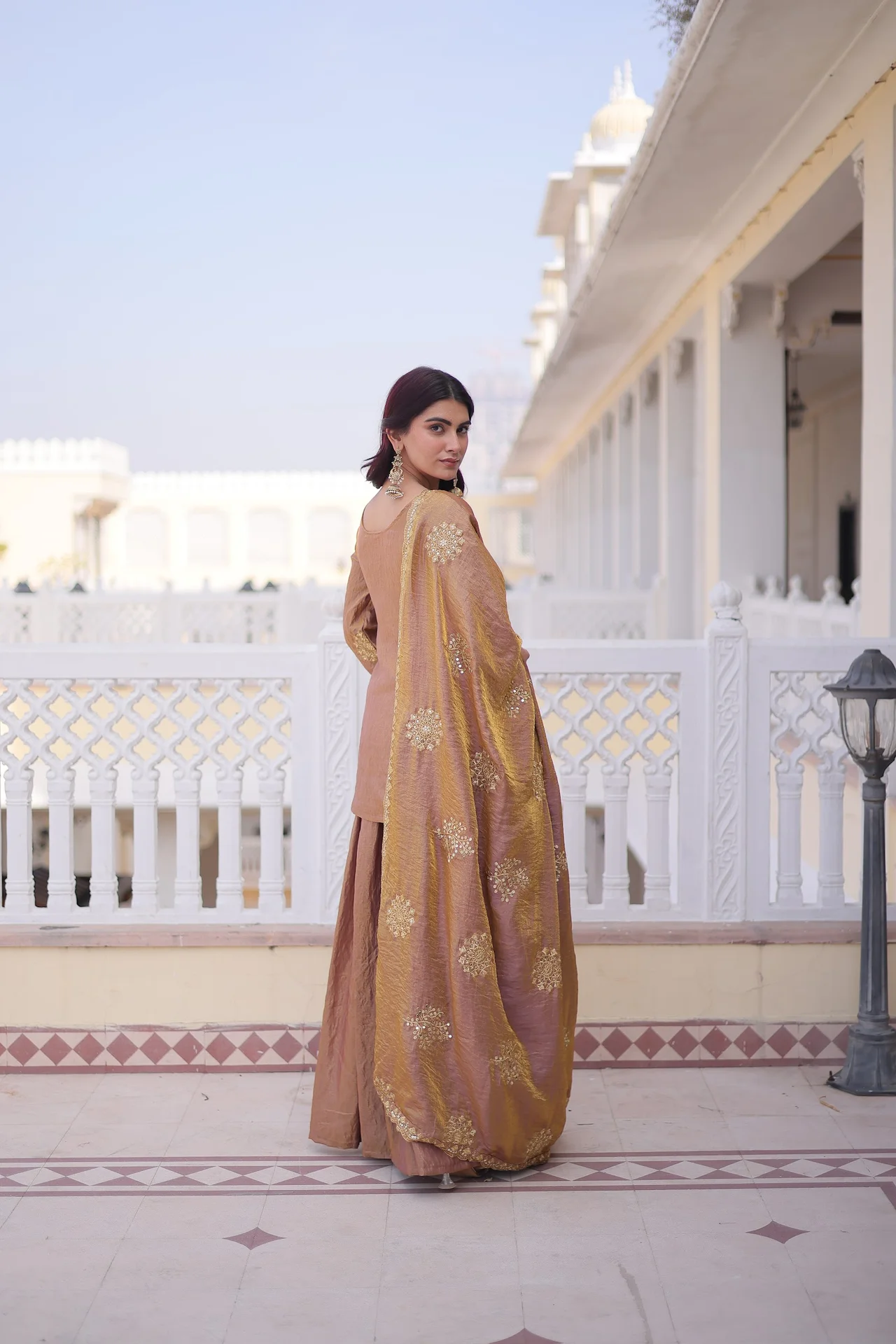 Women's Zari and Sequins Embroidered Fendi Crush Kurti Sharara Set with Dupatta in Gold — photo 3 of 10