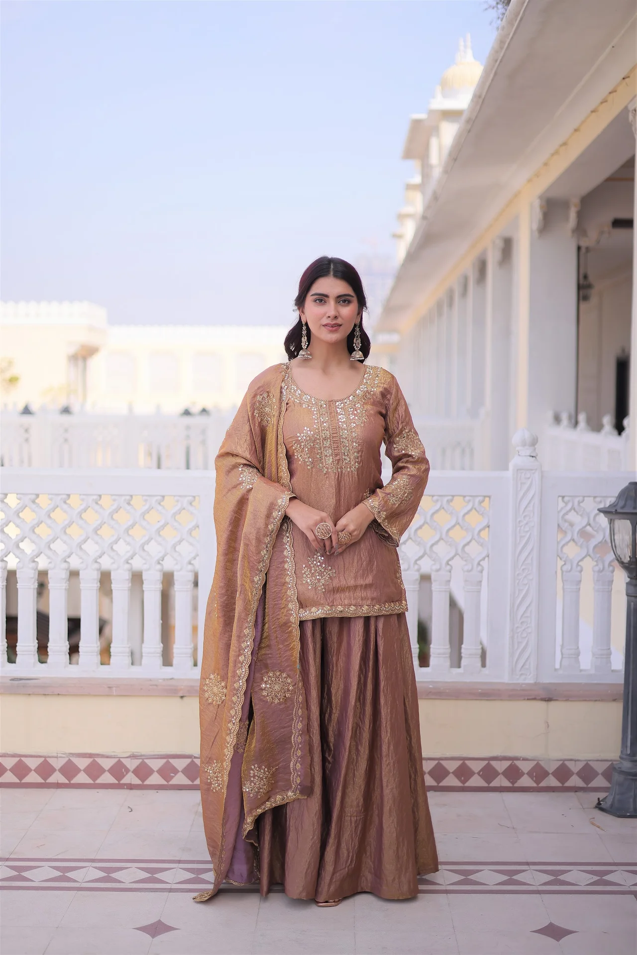 Women's Zari and Sequins Embroidered Fendi Crush Kurti Sharara Set with Dupatta in Gold — photo 4 of 10