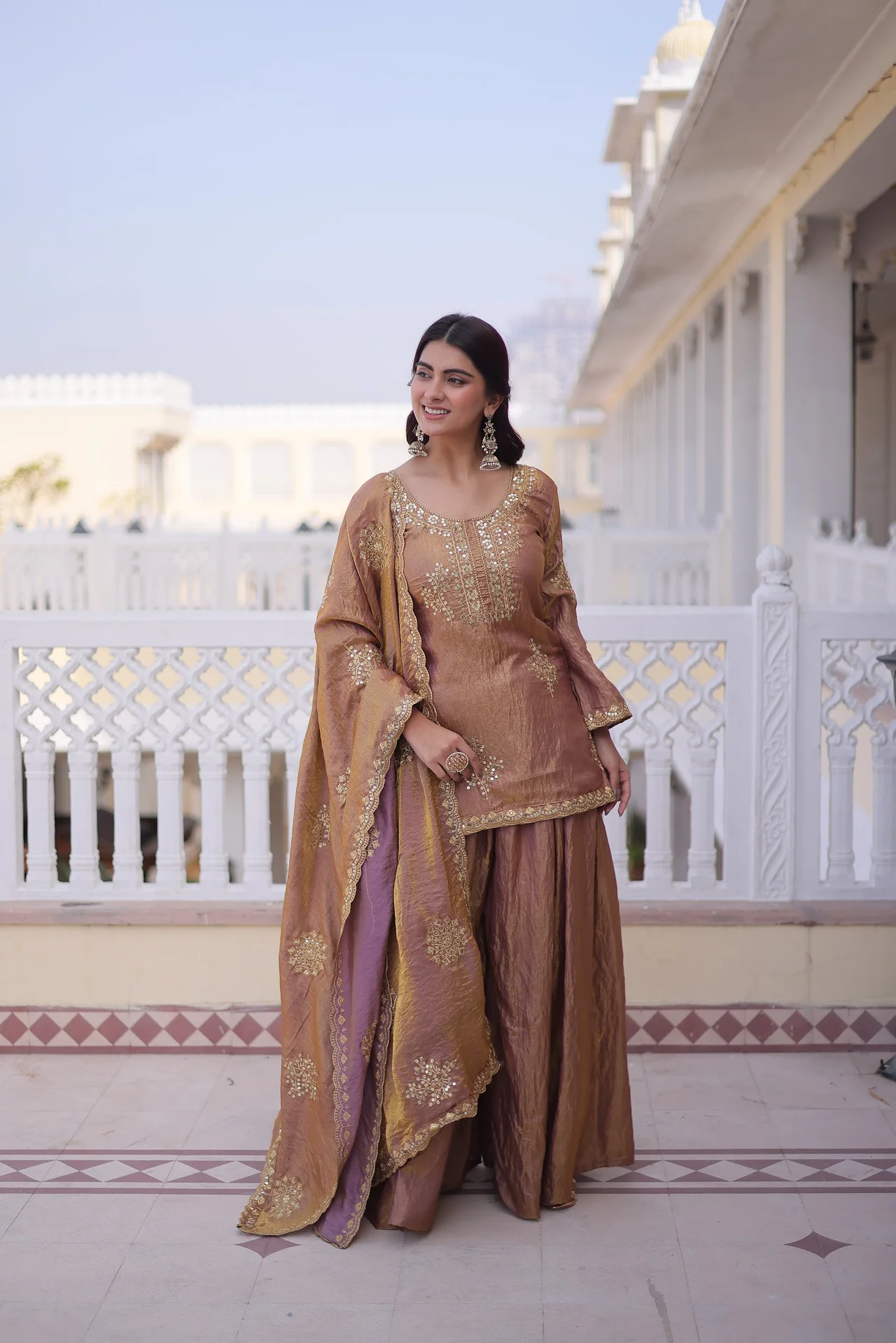 Women's Zari and Sequins Embroidered Fendi Crush Kurti Sharara Set with Dupatta in Gold — photo 5 of 10