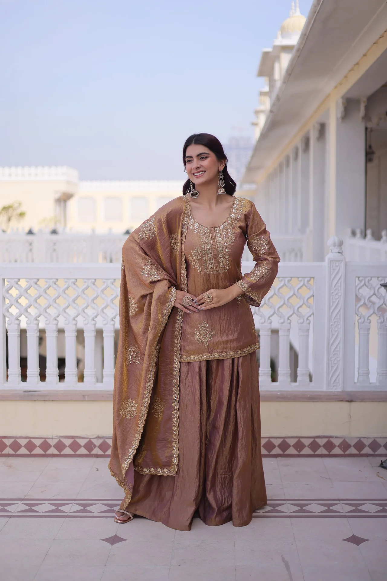 Women's Zari and Sequins Embroidered Fendi Crush Kurti Sharara Set with Dupatta in Gold — photo 6 of 10