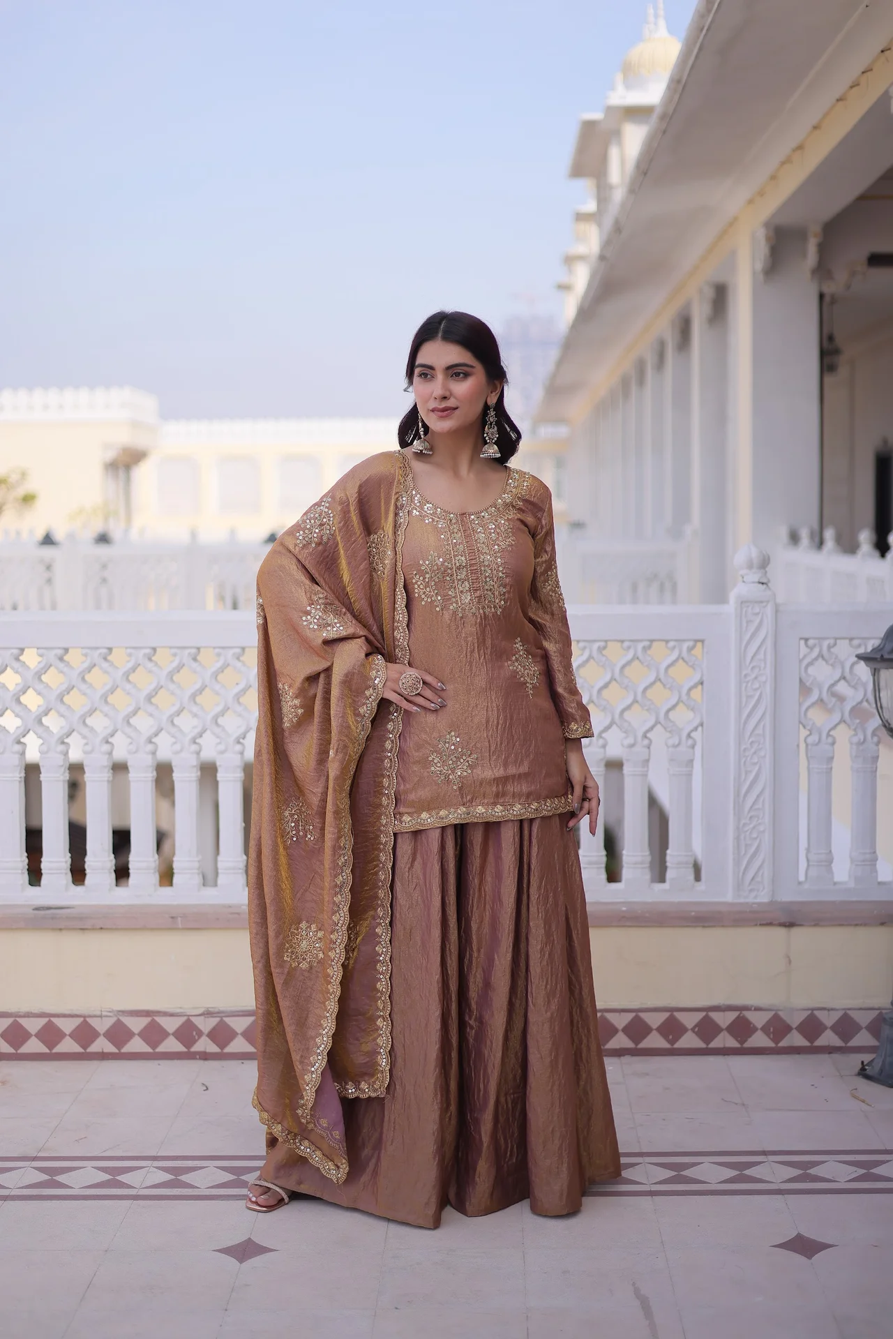 Women's Zari and Sequins Embroidered Fendi Crush Kurti Sharara Set with Dupatta in Gold — photo 7 of 10