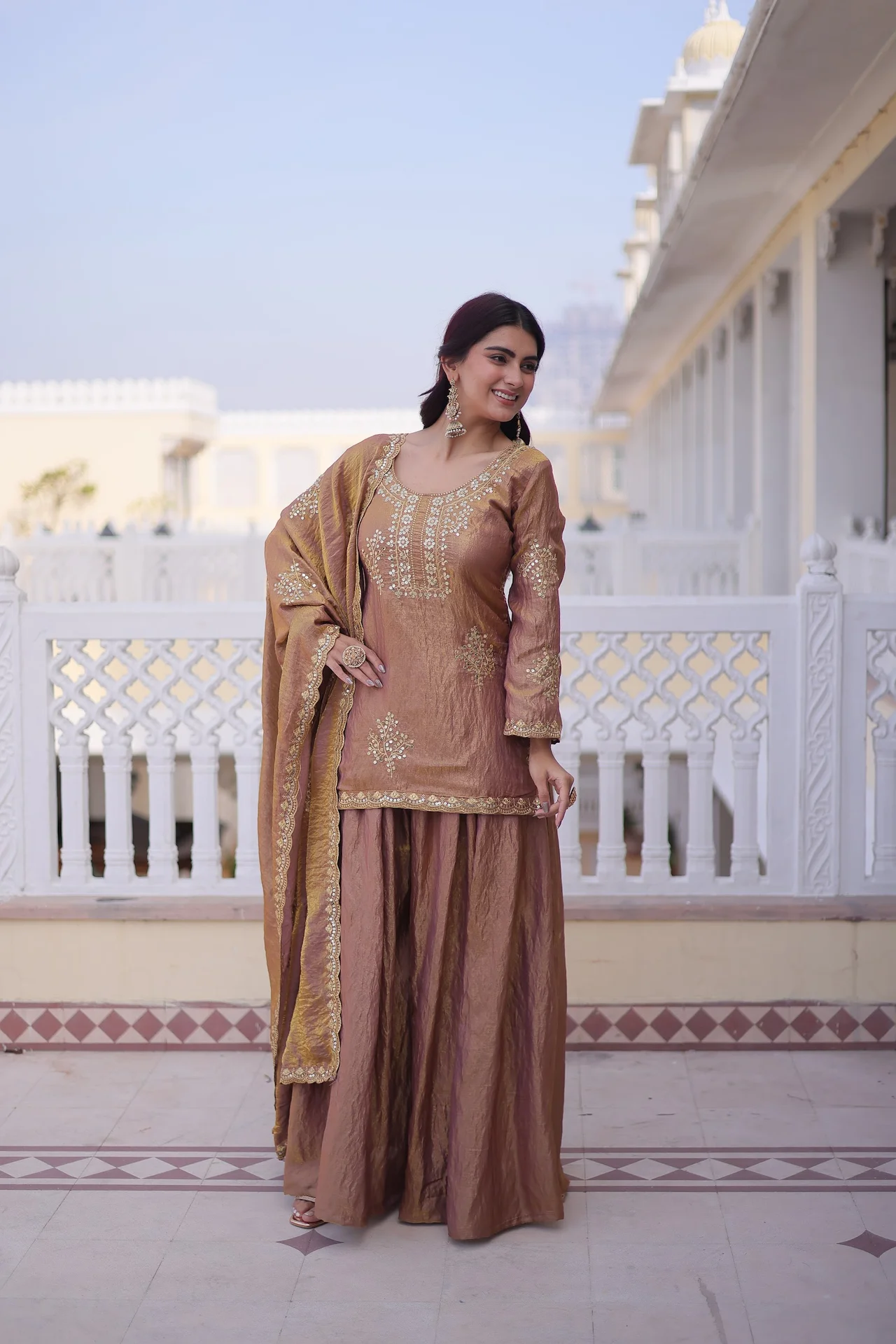 Women's Zari and Sequins Embroidered Fendi Crush Kurti Sharara Set with Dupatta in Gold — photo 8 of 10