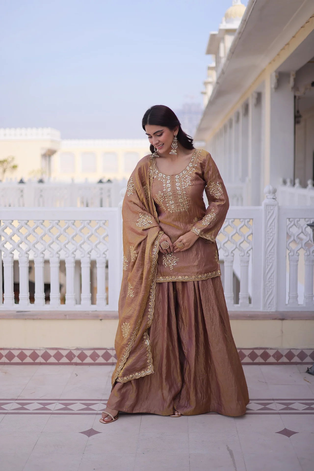 Women's Zari and Sequins Embroidered Fendi Crush Kurti Sharara Set with Dupatta in Gold — photo 9 of 10