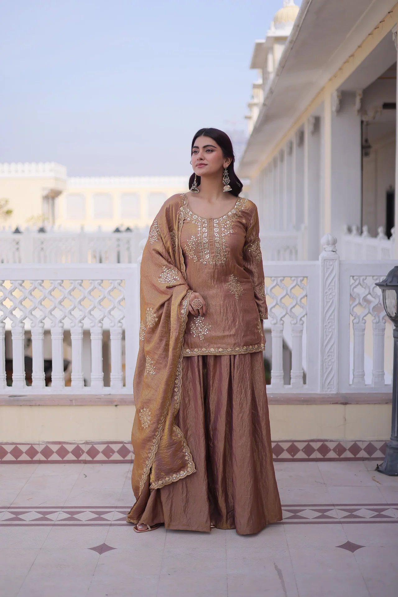 Women's Zari and Sequins Embroidered Fendi Crush Kurti Sharara Set with Dupatta in Gold — photo 10 of 10